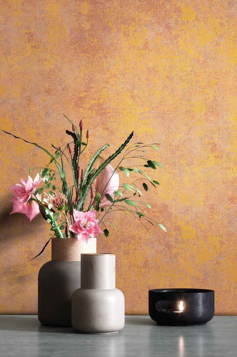 Newroom Vliestapete, Orange Tapete Leicht Glänzend Modern - Uni Einfarbig Braun Bronze Struktur Schlicht für Schlafzimmer Wohnzimmer Küche