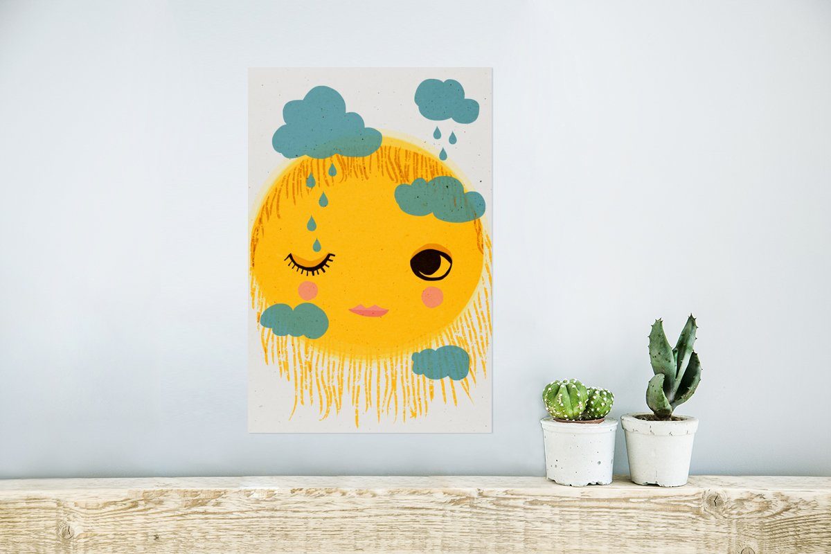 St), (1 Poster für Gelb Poster, Wandbild, - - Wolken Ohne Wohnzimmer, Gesicht - MuchoWow Sonne - Wandposter Rahmen Regen,