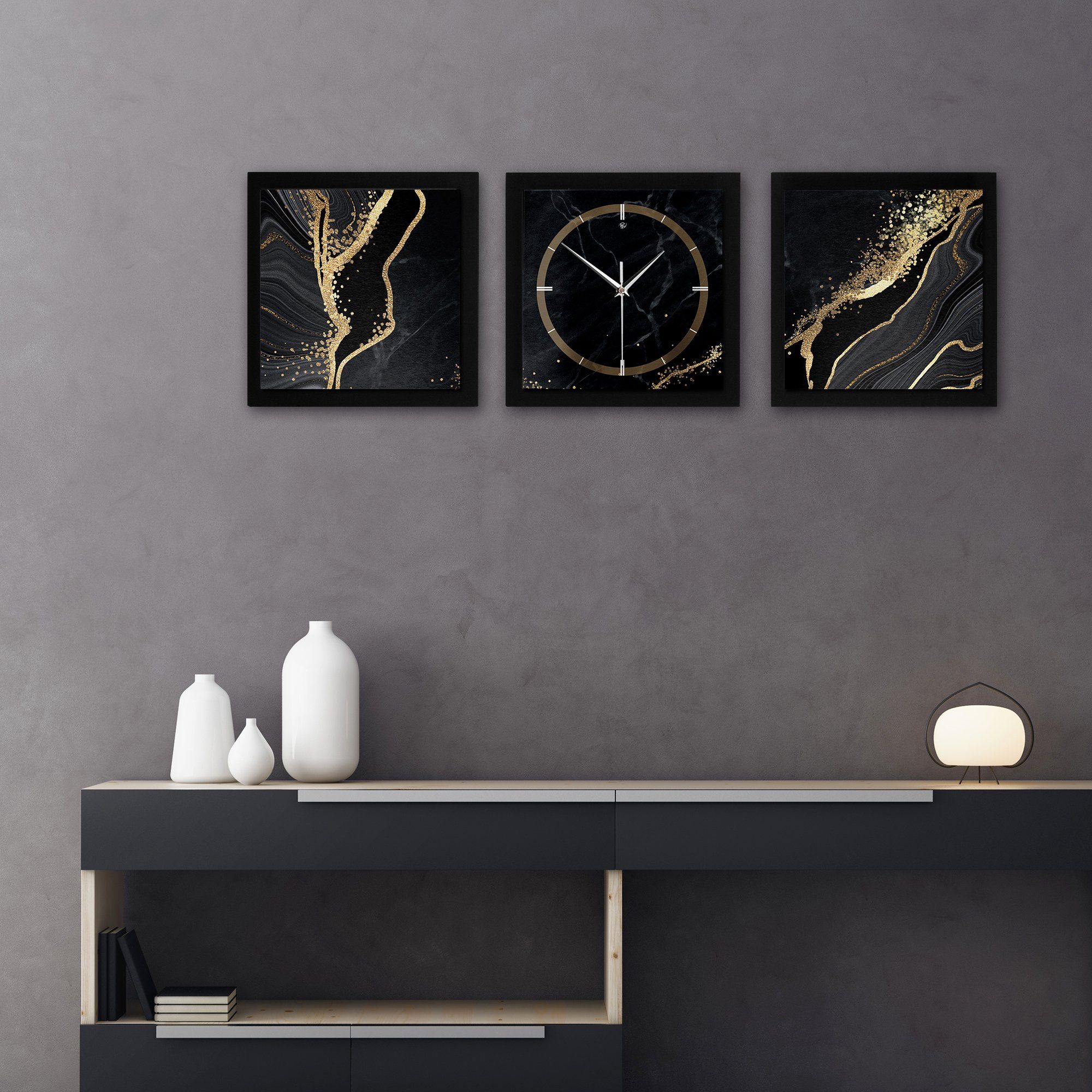 Gold Feder Ticken; Kreative oder modern) Black Funk- Marble 90x30cm Quarzuhrwerk; Wanduhr elegant, außergewöhnlich, (ohne & Querformat