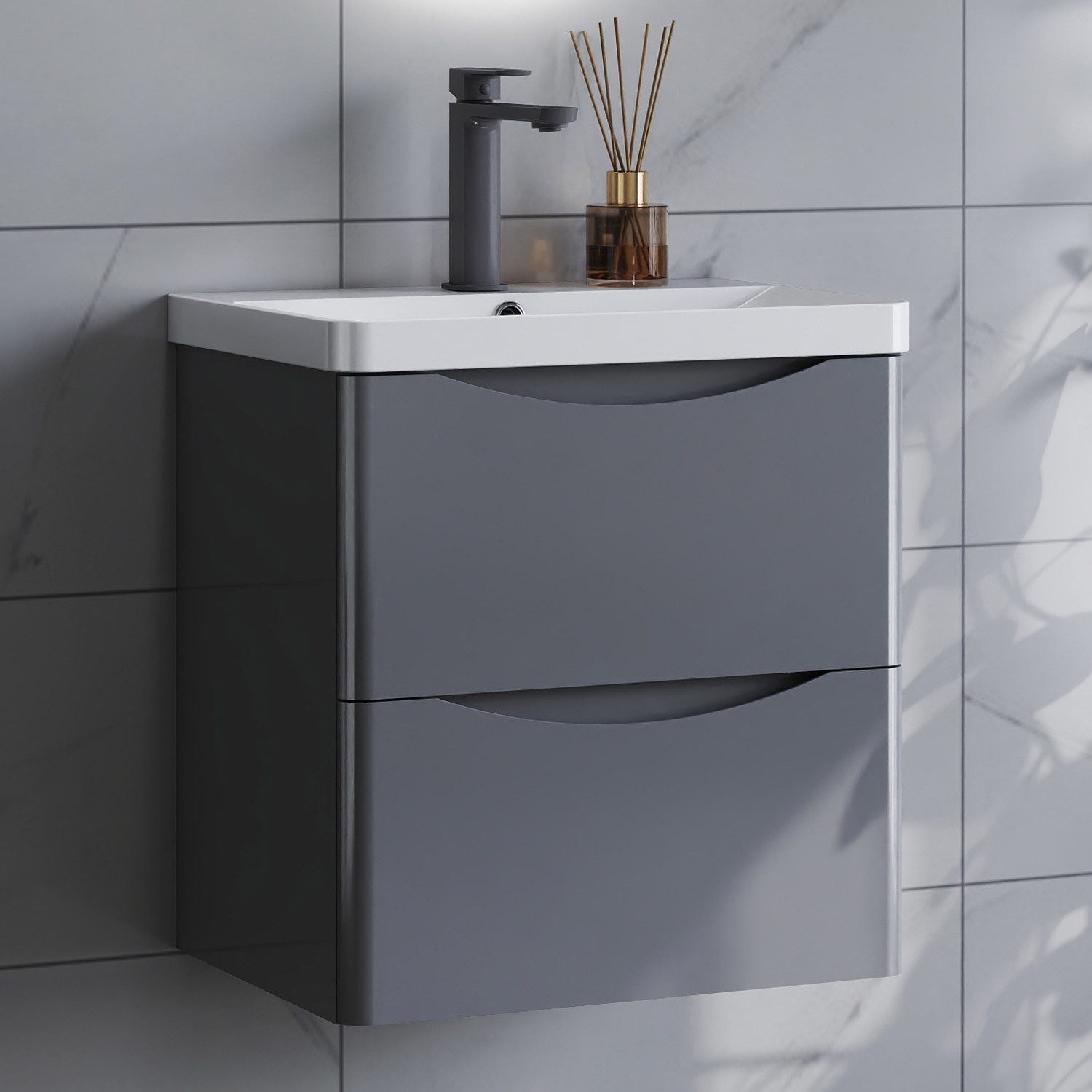 duschspa Waschtisch 50/60/80 cm Раковины mit Unterschrank (Smiley), Hochglanz Weiß/Dunklegrau