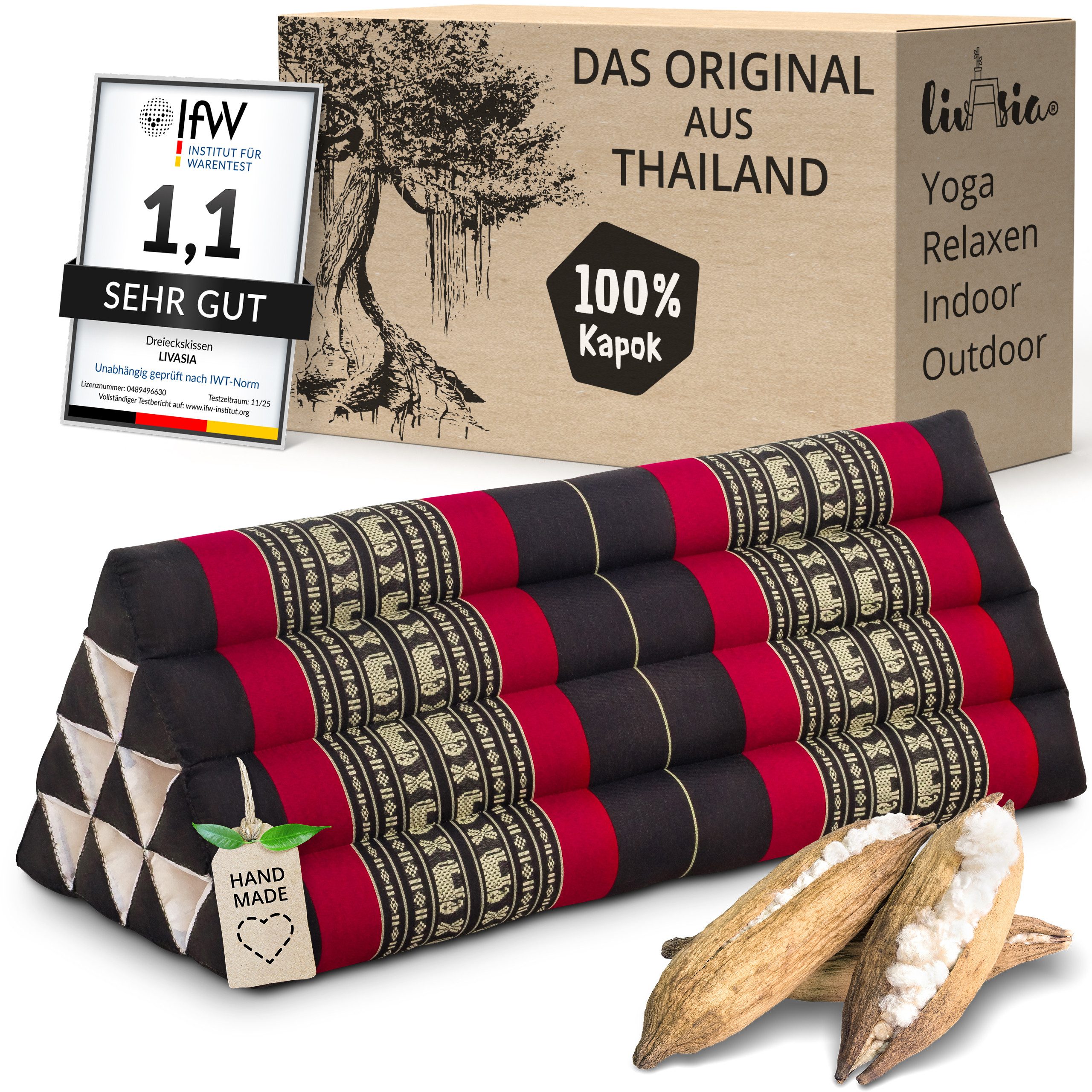 livasia Keilkissen Dreieckskissen 80 cm breit (Classic) - 33x80x30cm -, Kapok, vegan, handgefertigt
