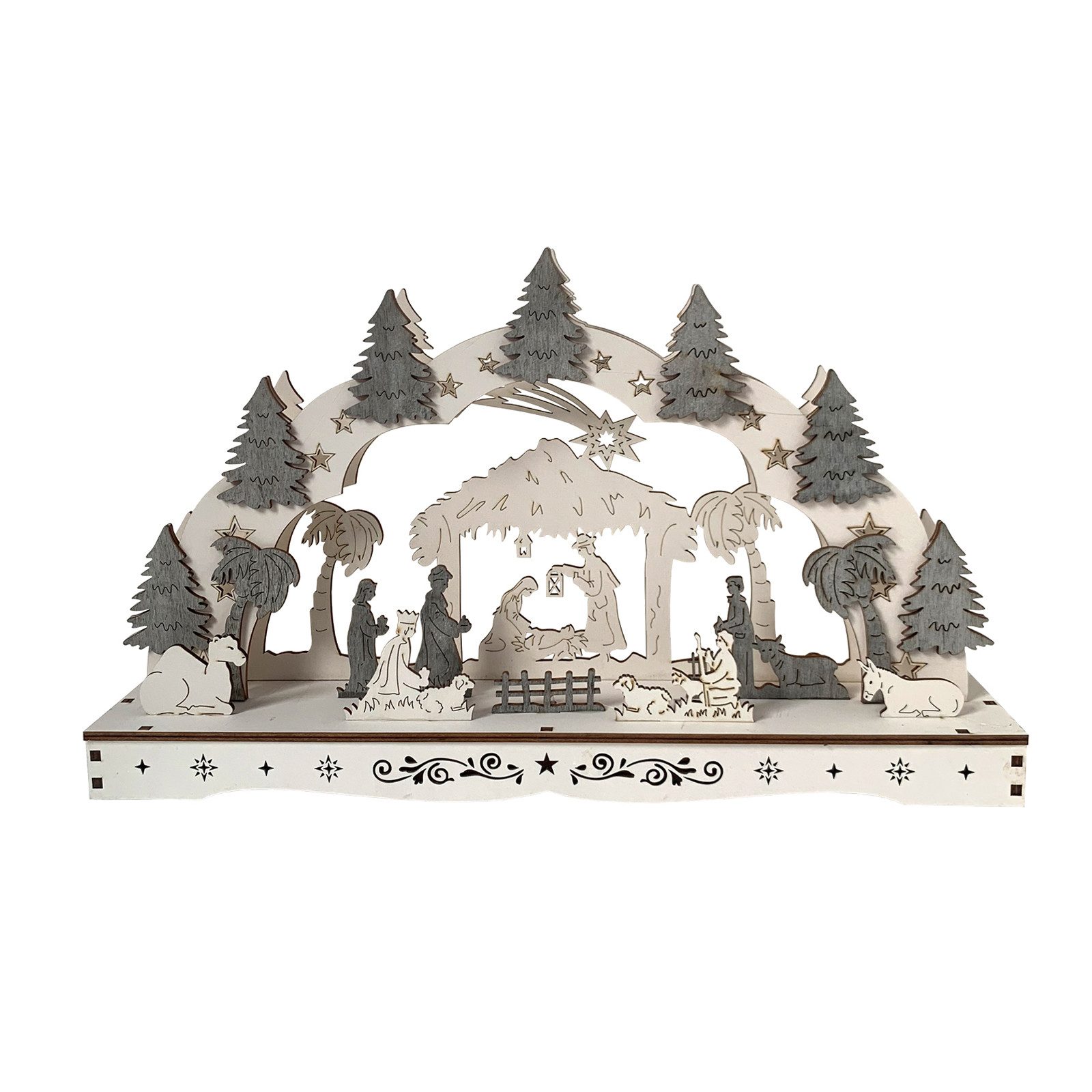 HTI-Living Schwibbogen Schwibbogen Heilige Familie mit Krippe Weiß Grau (1-tlg), Lichterbogen Weihnachtsdeko batteriebetrieben