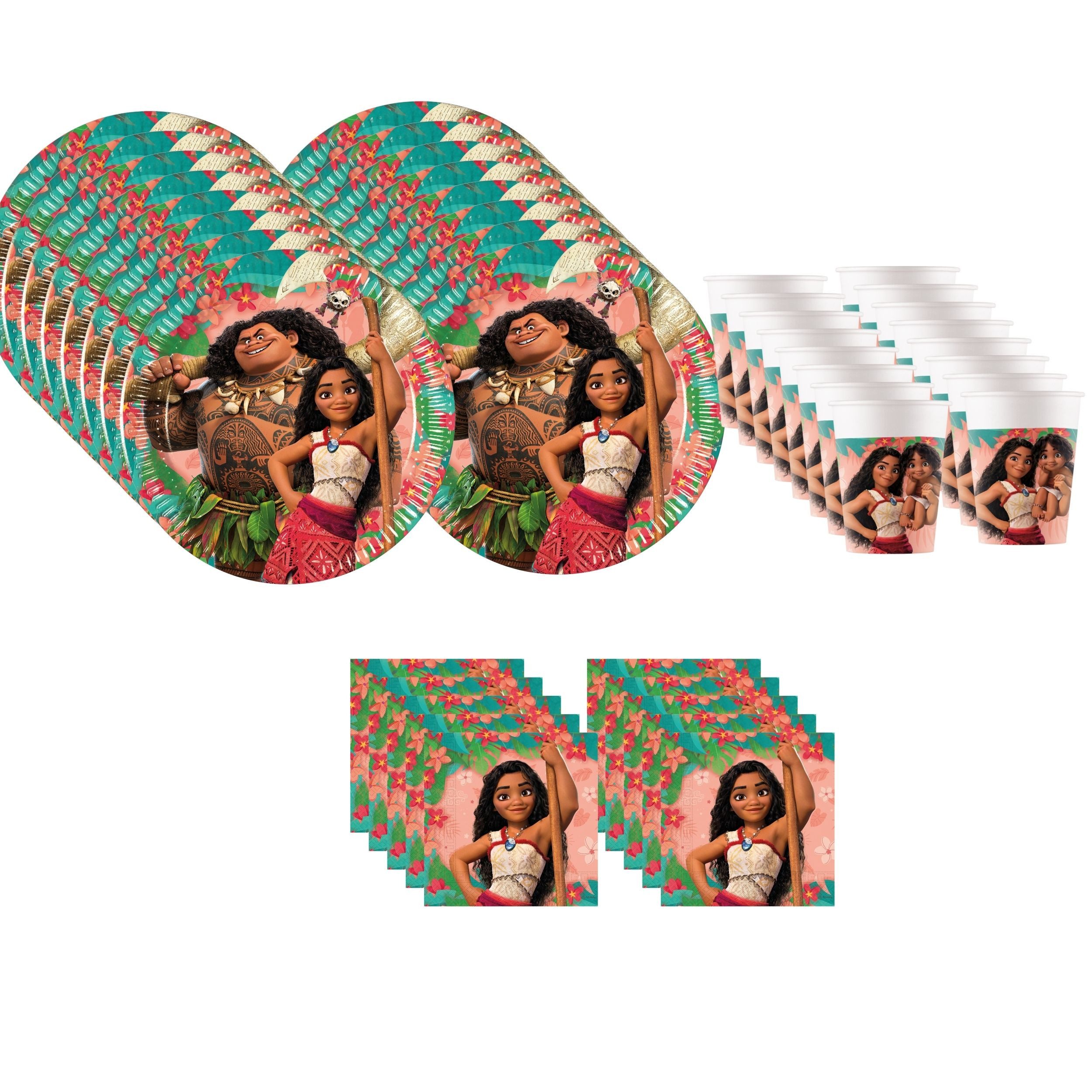 Procos Einweggeschirr-Set Vaiana 2 Partygeschirr Set 52-tlg Kindergeburtstag Moana Teller Becher, 16 Personen