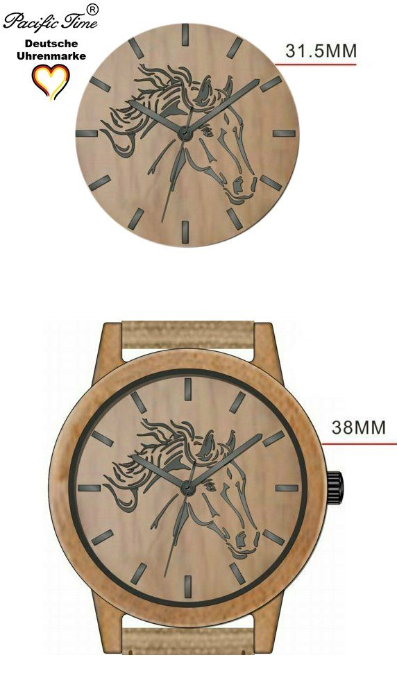 Pacific Time Quarzuhr Damenuhr analog Pferd Holz Canvas Armband, Gratis Versand