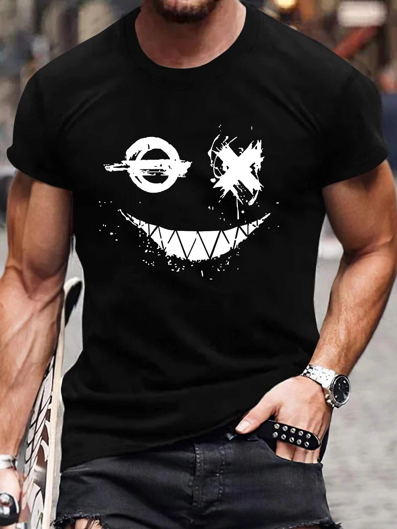 RMK T-Shirt Herren Shirt Top Sommer Basic Rundhals Smiley Smile