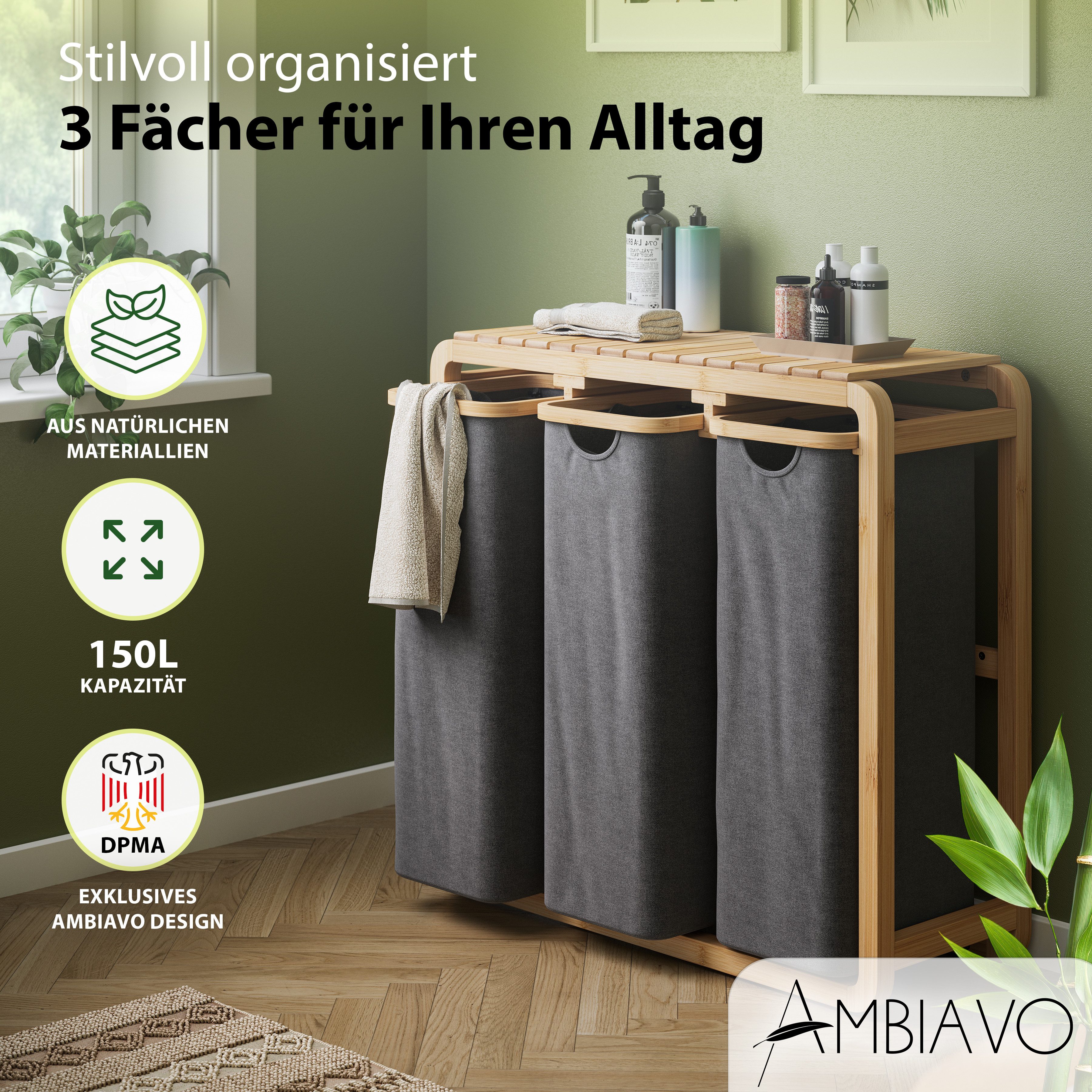 AMBIAVO Wäschekorb 3 Fächer mit waschbaren Baumwollsäcken, 150 L Volumen, s günstig online kaufen
