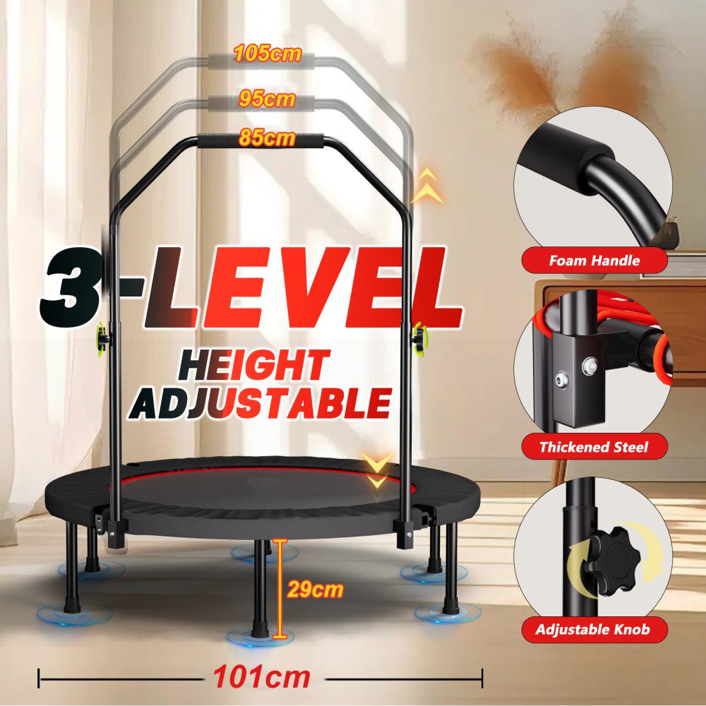BBWL Fitnesstrampolin Fitness Trampolin klappbar mit Griff Premium Elastik leise Bungee, Ø 101 cm, Trampolin 101cm Indoor Rebounder höhenverstellbar stabil – Bild 4 von 5