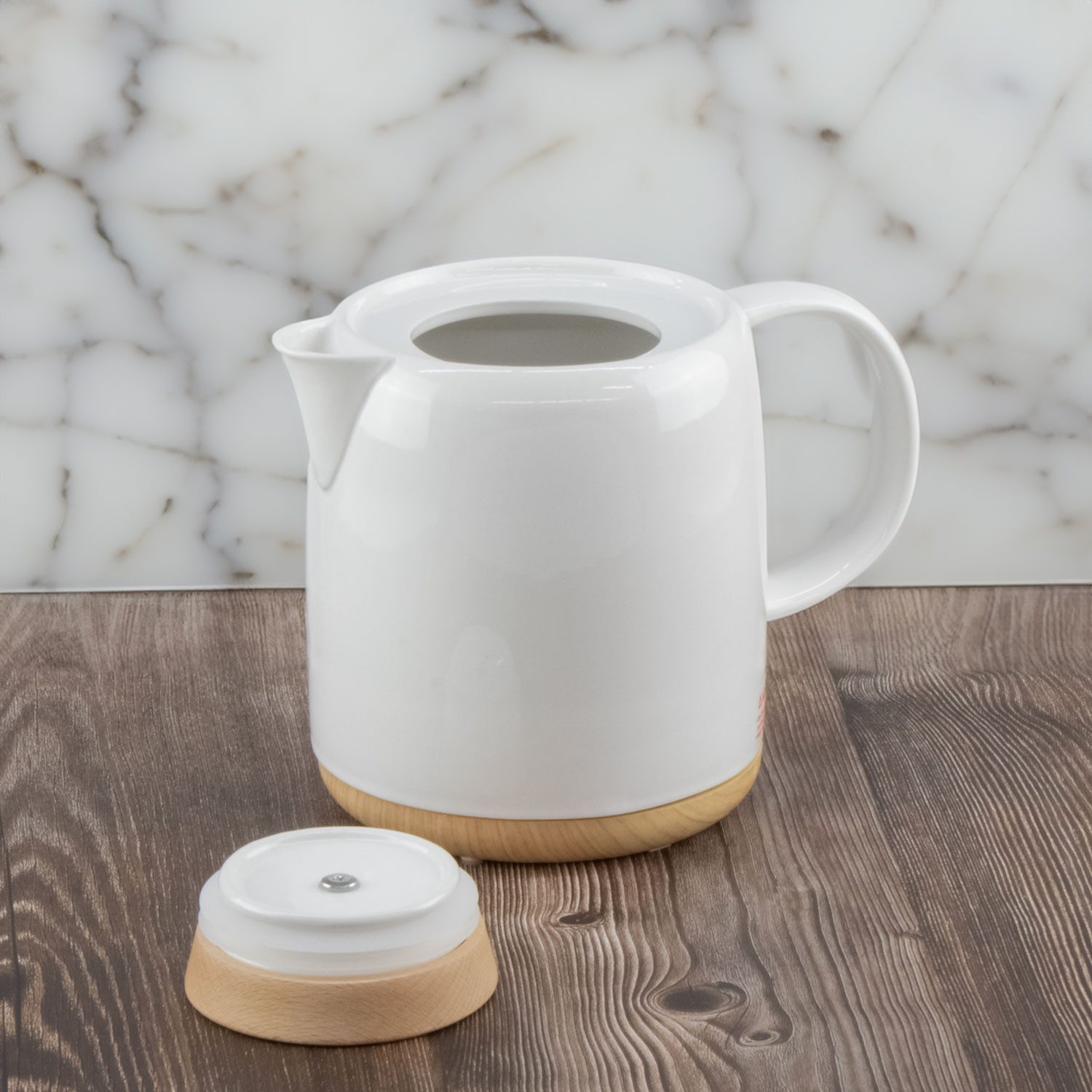 KVOTA Wasserkocher elektrisch aus Keramik, 1 L, abnehmbarer Holz-Deckel, weiß, modernes, 1 l, 1200 W, modernes Öko-Design