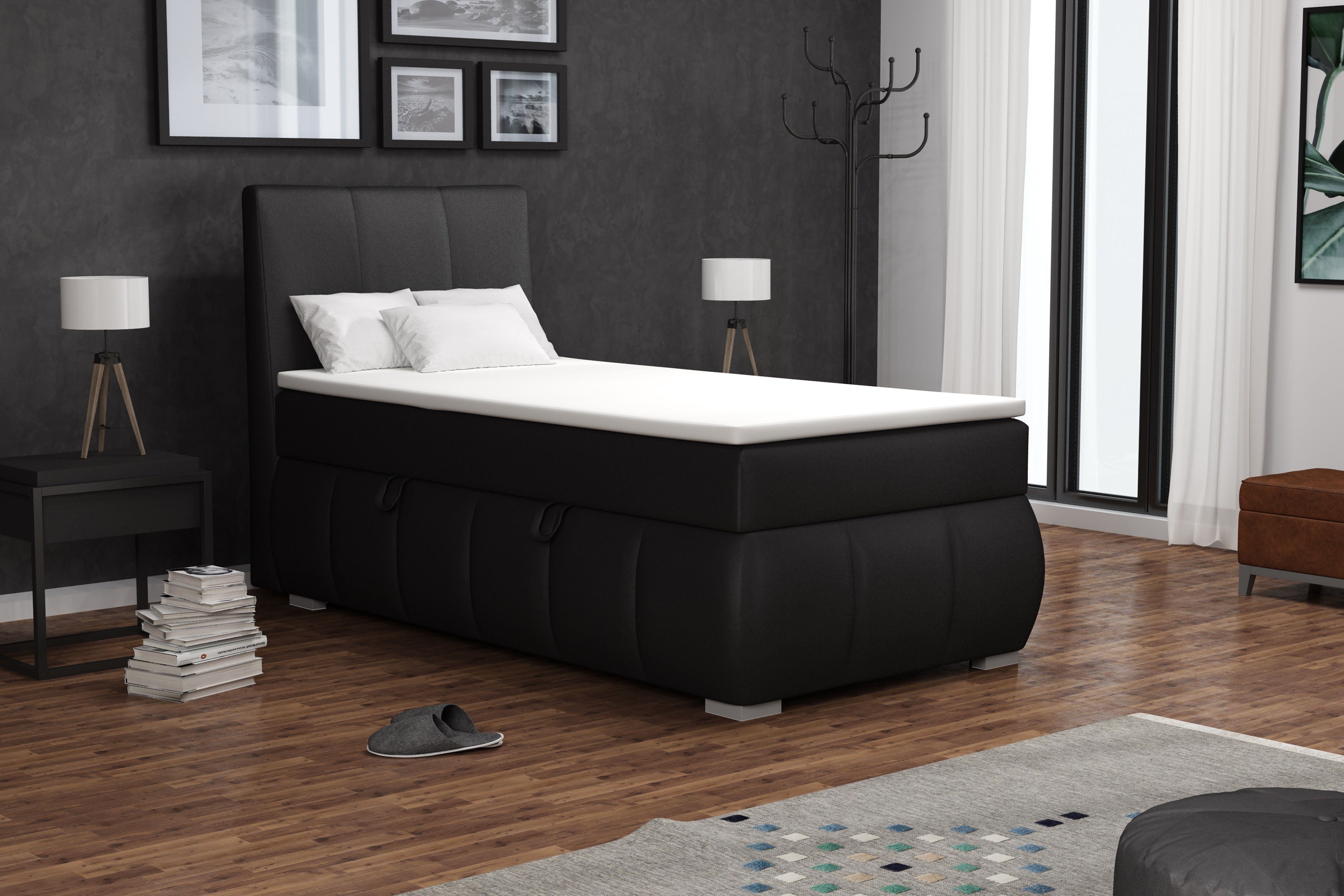 Fun Möbel Boxbett Schlafzimmerbett VINCENZA 100cm in Kunstleder Schwarz (inkl. Bettkasten, 1-St., inkl. Kaltschaumtopper)