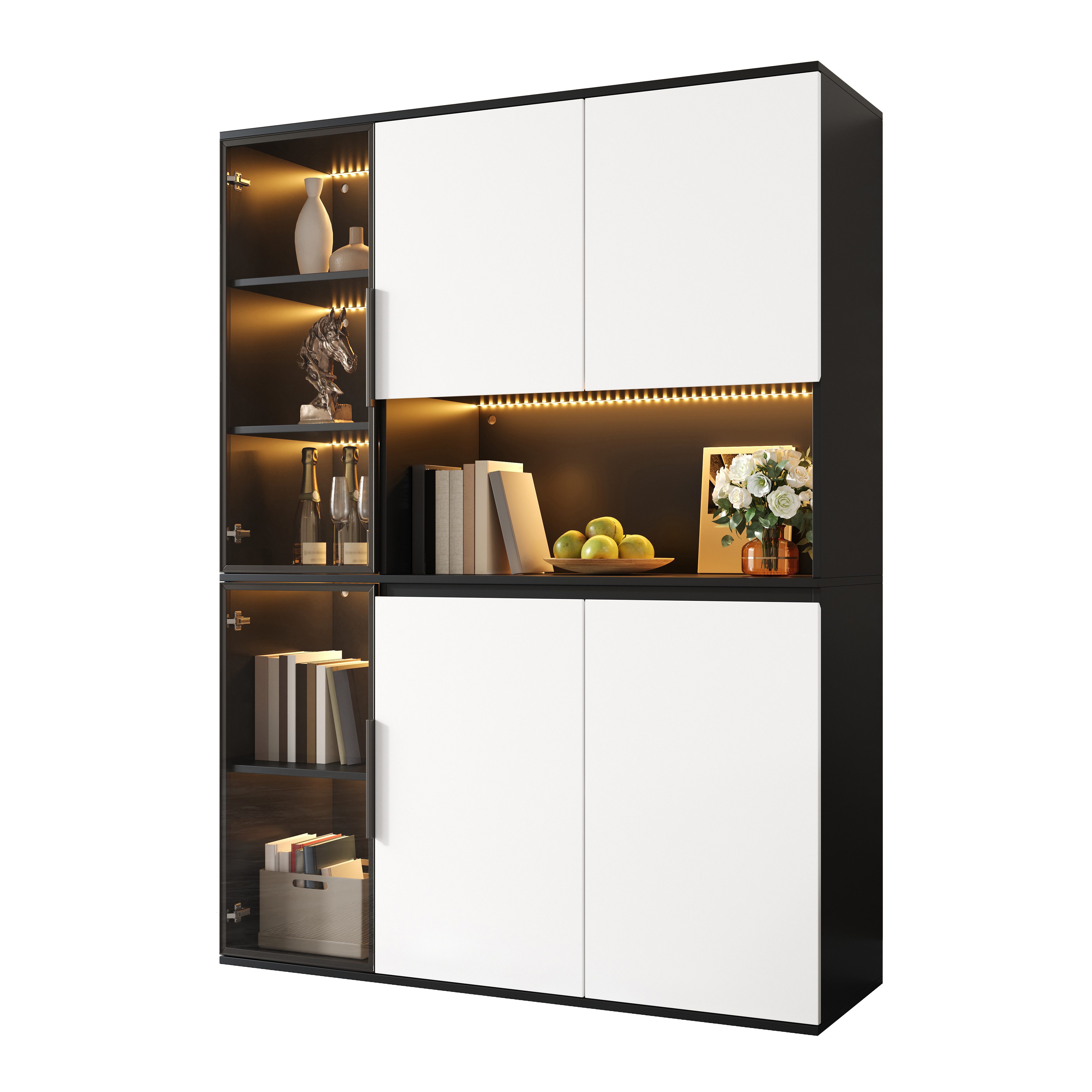 Fine Life Pro Standvitrine Hochschrank-Vitrine in Schwarz-Weiß, Glaselemente & LED, MDF. Highboard mit Stauraum für Ess- & Wohnzimmer.