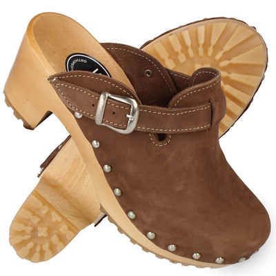 Cloque Berhida Damen Leder Clogs mit Absatz, Echtholz, Schnalle Clog Holzclog, zum Schlupfen, Aus echtem Leder