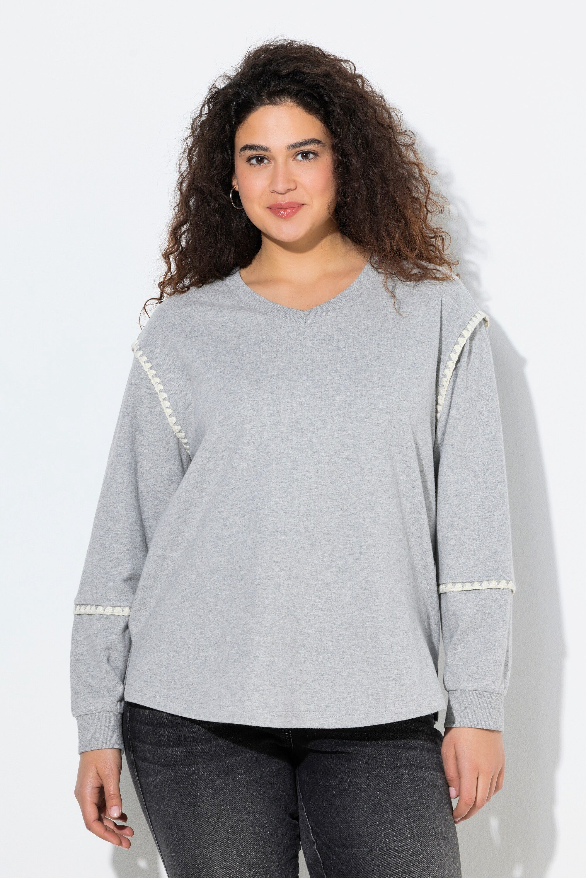Ulla Popken Sweatshirt Sweatshirt Ziernähte Oversized V-Ausschnitt günstig online kaufen