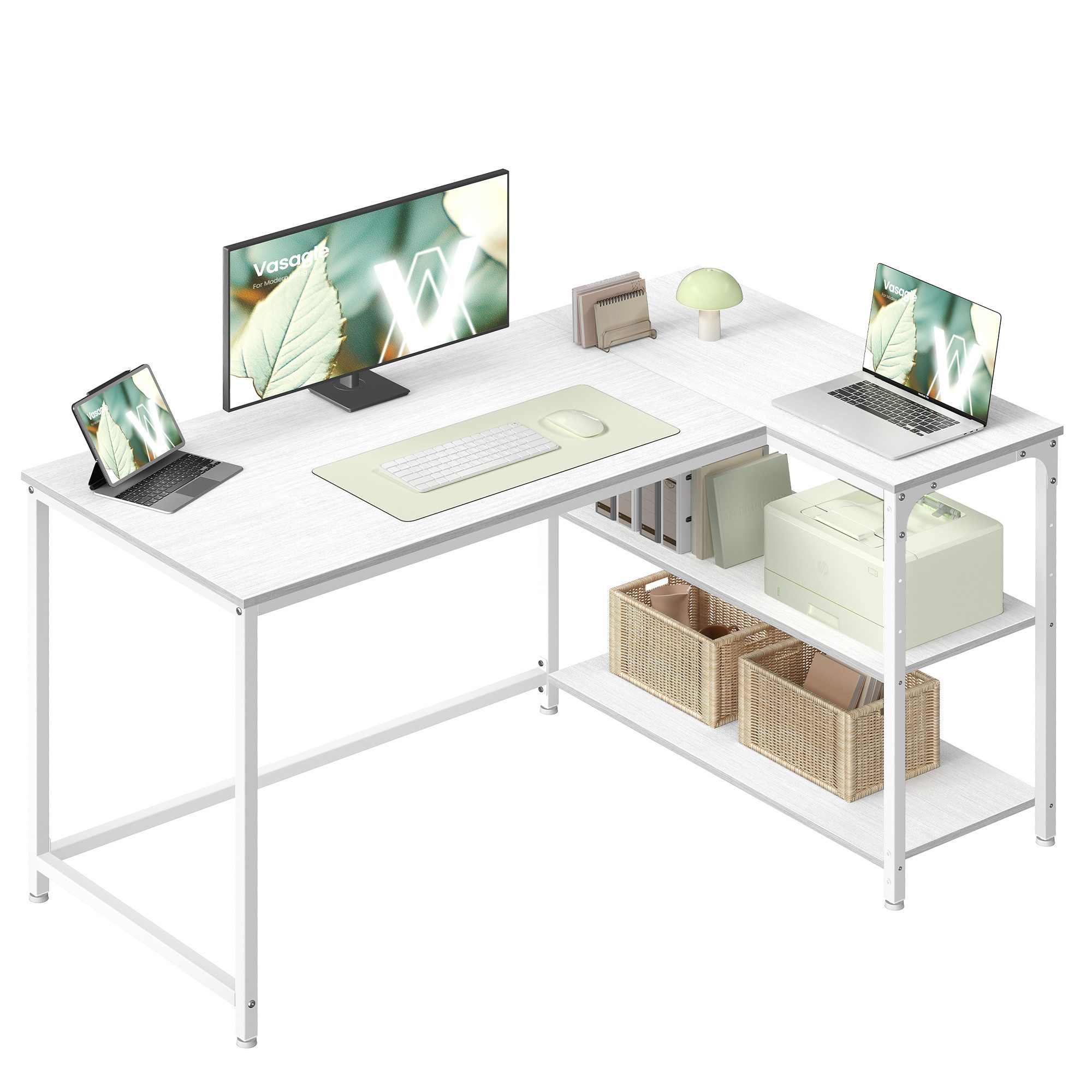 VASAGLE Schreibtisch Eckschreibtisch in L-Form, Computertisch mit Stauraum, Bürotisch, höhenverstellbare Ablage, für Homeoffice, 110/120 cm