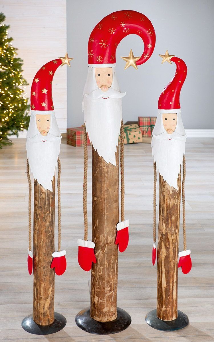 GILDE Dekoobjekt 3er Set Holz Santa 'Noel' - Wackelarme Santa, Natur/Rot, aus Eukalyptu