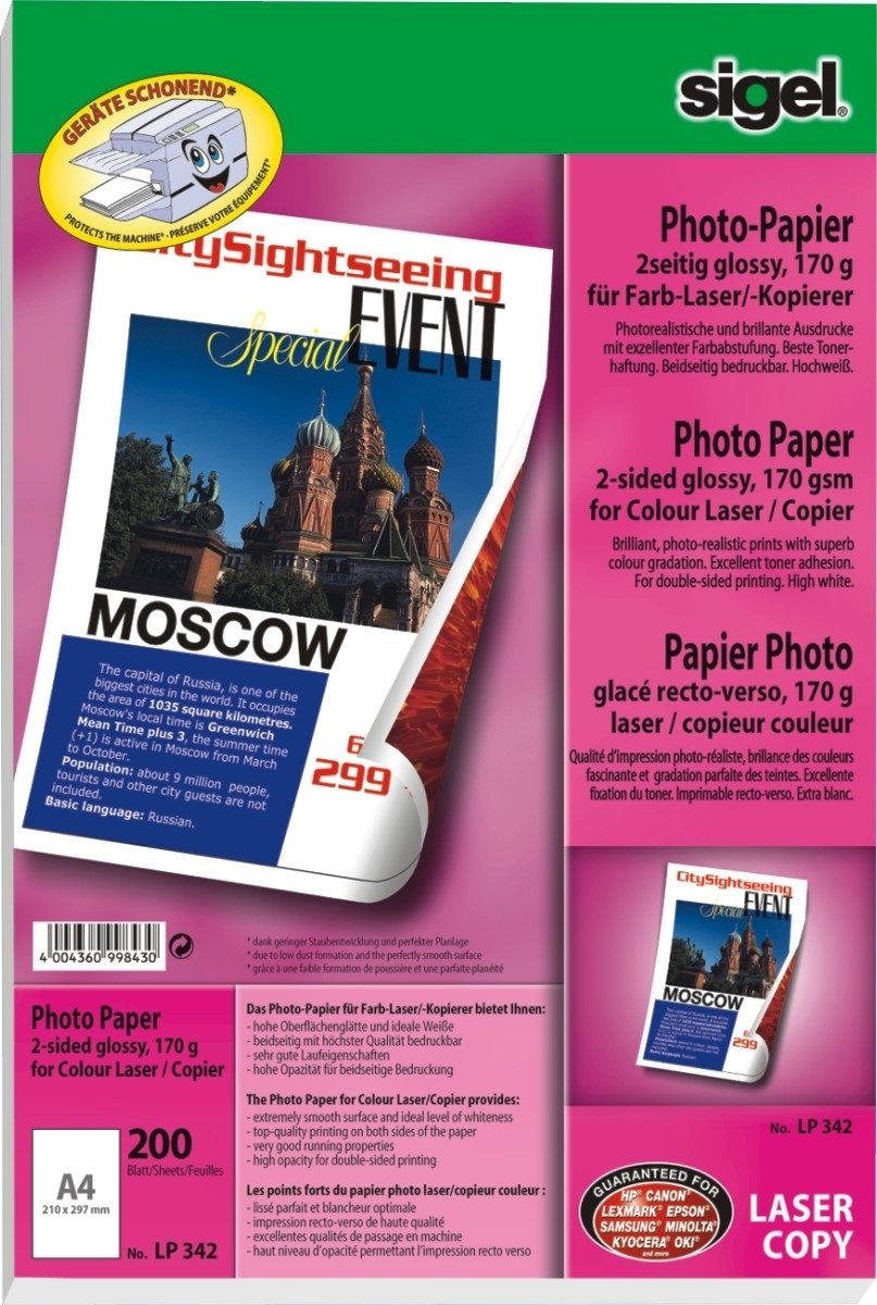 Sigel Fotopapier Photo-Papier für Farb-Laser/-Kopierer A4 170g/qm 200 Blatt 2seitig glo
