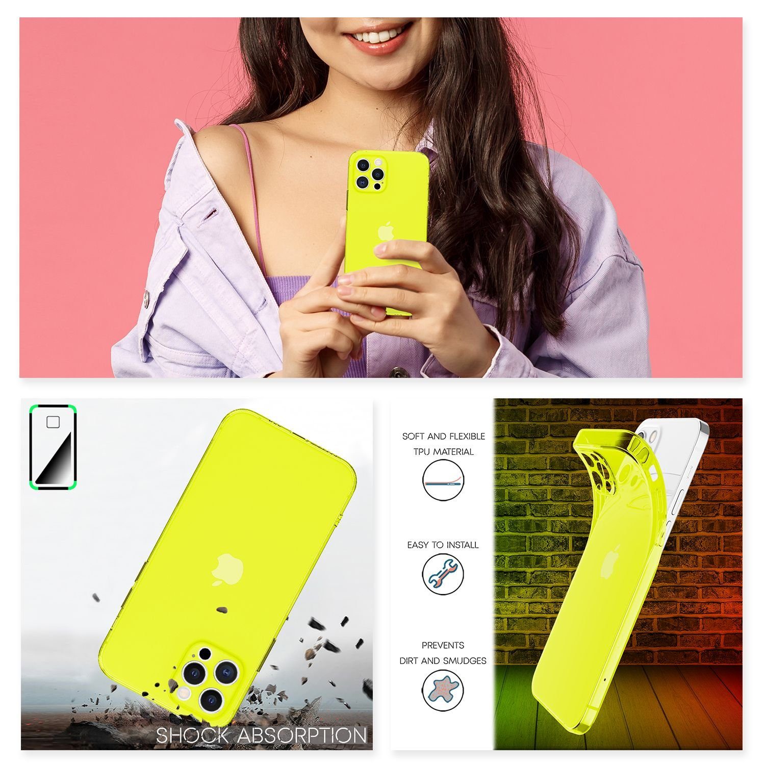 Nalia Smartphone-Hülle Apple iPhone 12 Pro 15,5 cm (6,1 Zoll), Klare Neon Silikon Hülle / Bunt Leuchtend / Durchsichtig / Flexibel