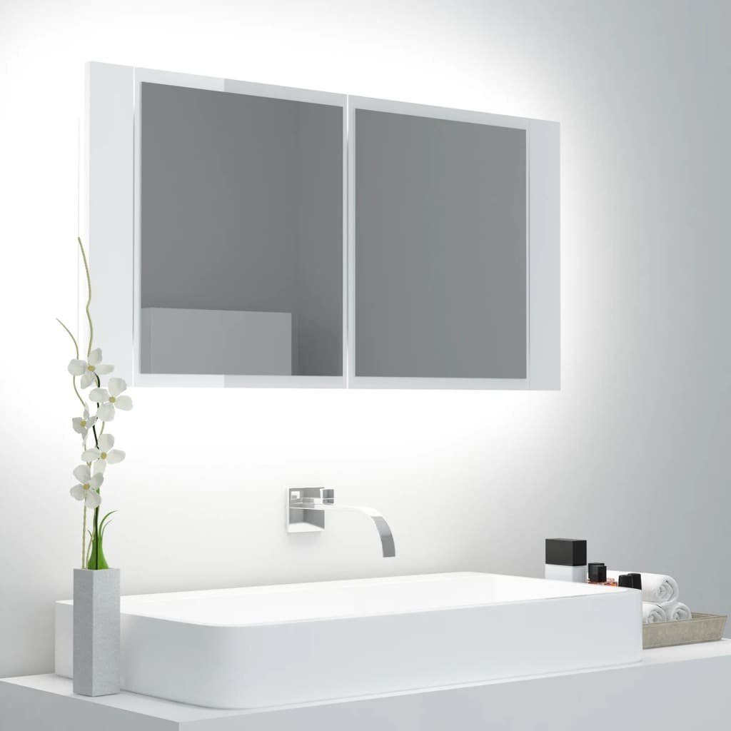 vidaXL Badezimmerspiegelschrank LED-Bad-Spiegelschrank 90x12x45 Acryl cm Hochglanz-Weiß (1-St)