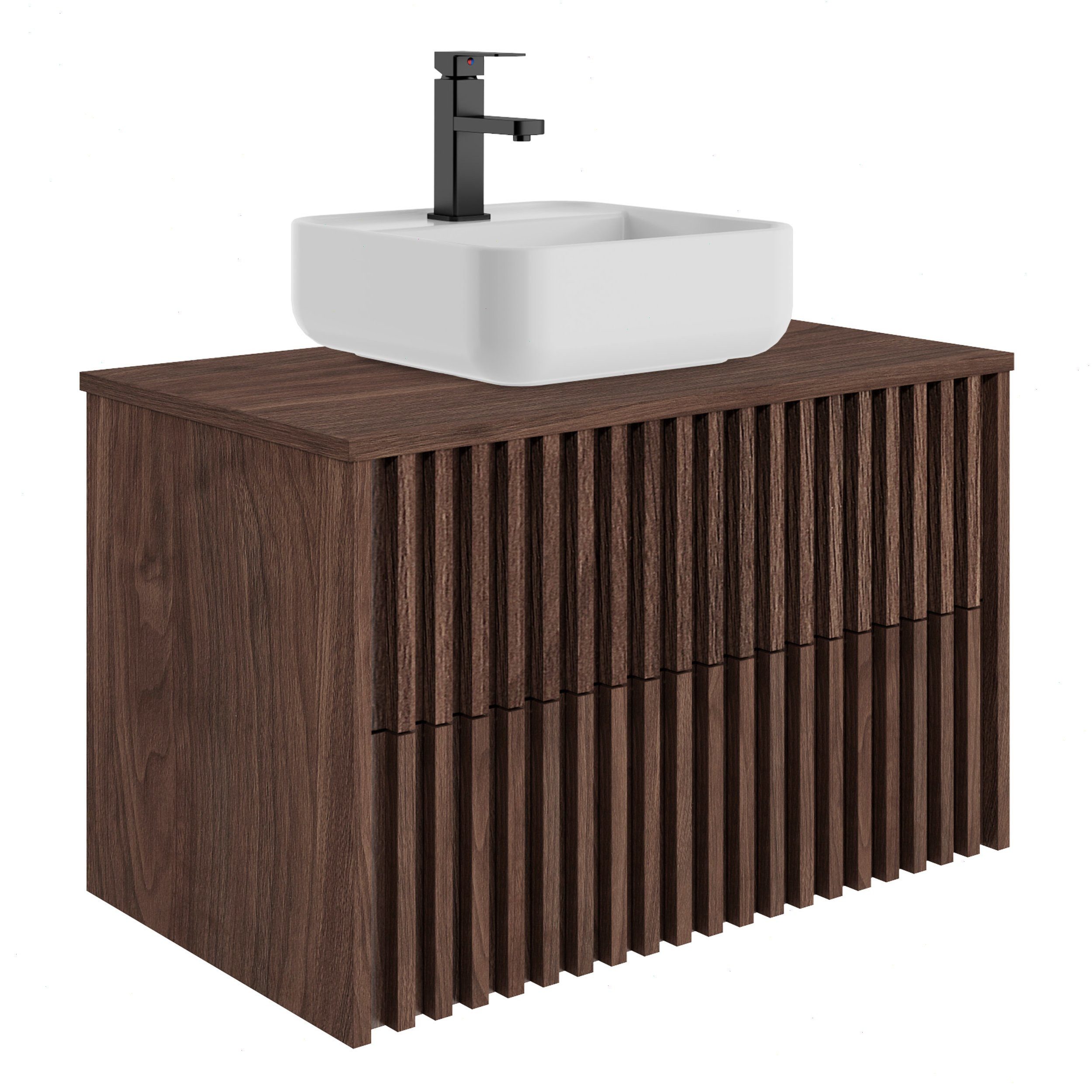 UEV Waschtisch mit Unterschrank hängend Rechteckiges Keramikwaschbecken (Komplett-Set Badmöbel, Badezimmmer Schrank, mit Wasserhahn und Pop-up-Ablassventil Aufsatz-Waschbecken), Soft-close Schubladen,Waschbeckenunterschrank mit 2 Schubladen