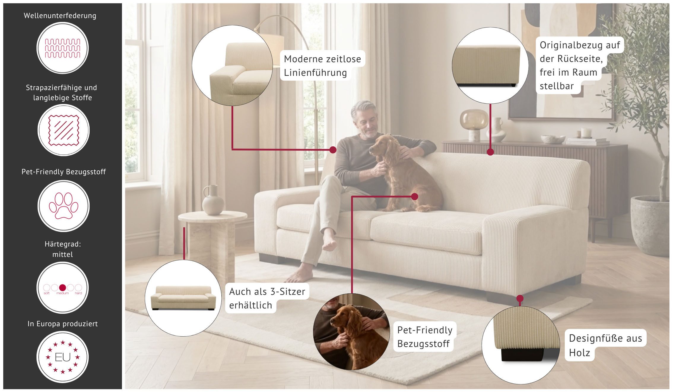 OTTO home 2-Sitzer Faxxe 194 x 85 cm, bequem, modern & zeitlos, mittelfeste Polsterung, aus haustierfreundlichem Pet Friendly Cord – Bild 3 von 5