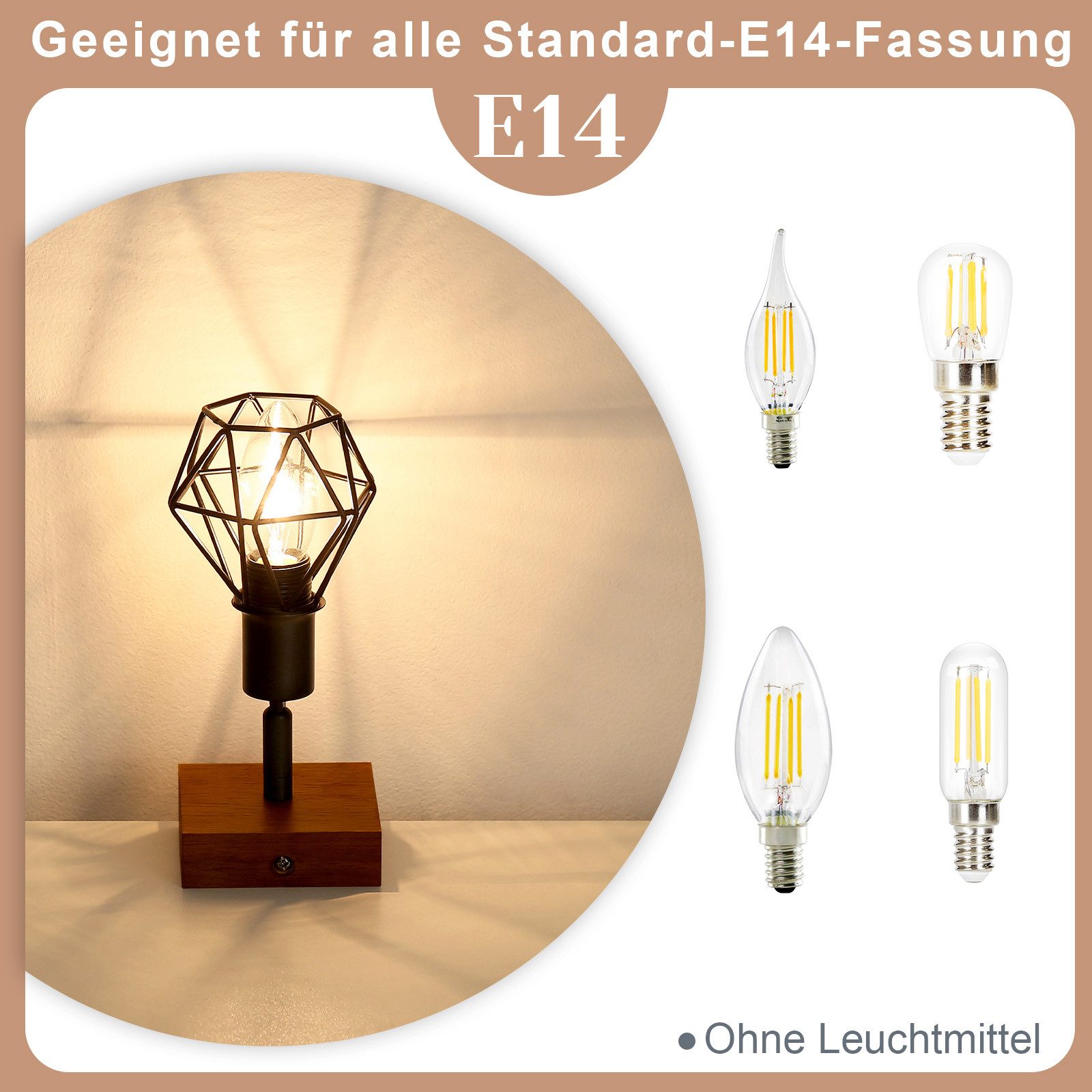 Nettlife Wandstrahler Deckenstrahler Schwarz Deckenspot Holz E14, Schwenkbar 350°, LED wechselbar, Wohnzimmer Flur Schlafzimmer