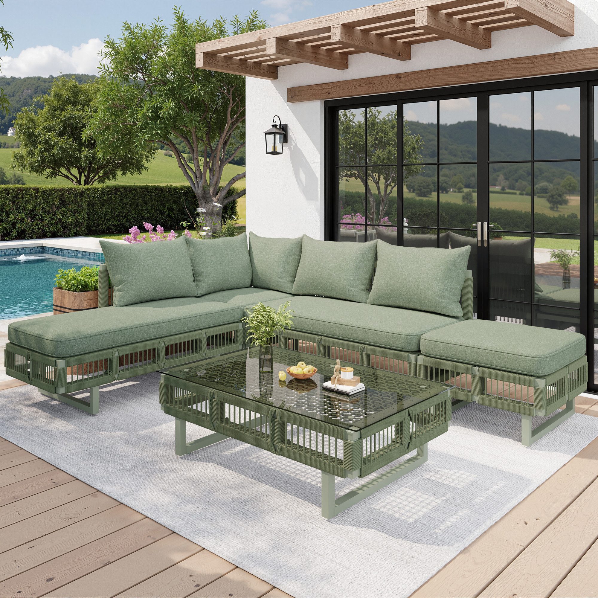 TavilaEcon Gartenlounge-Set Modulare Outdoor-Lounge mit Premium-Komfort, Outdoor-Sitzgruppe, (5-tlg), mit 10 cm dicken Kissen & gehärtetem Glastisch