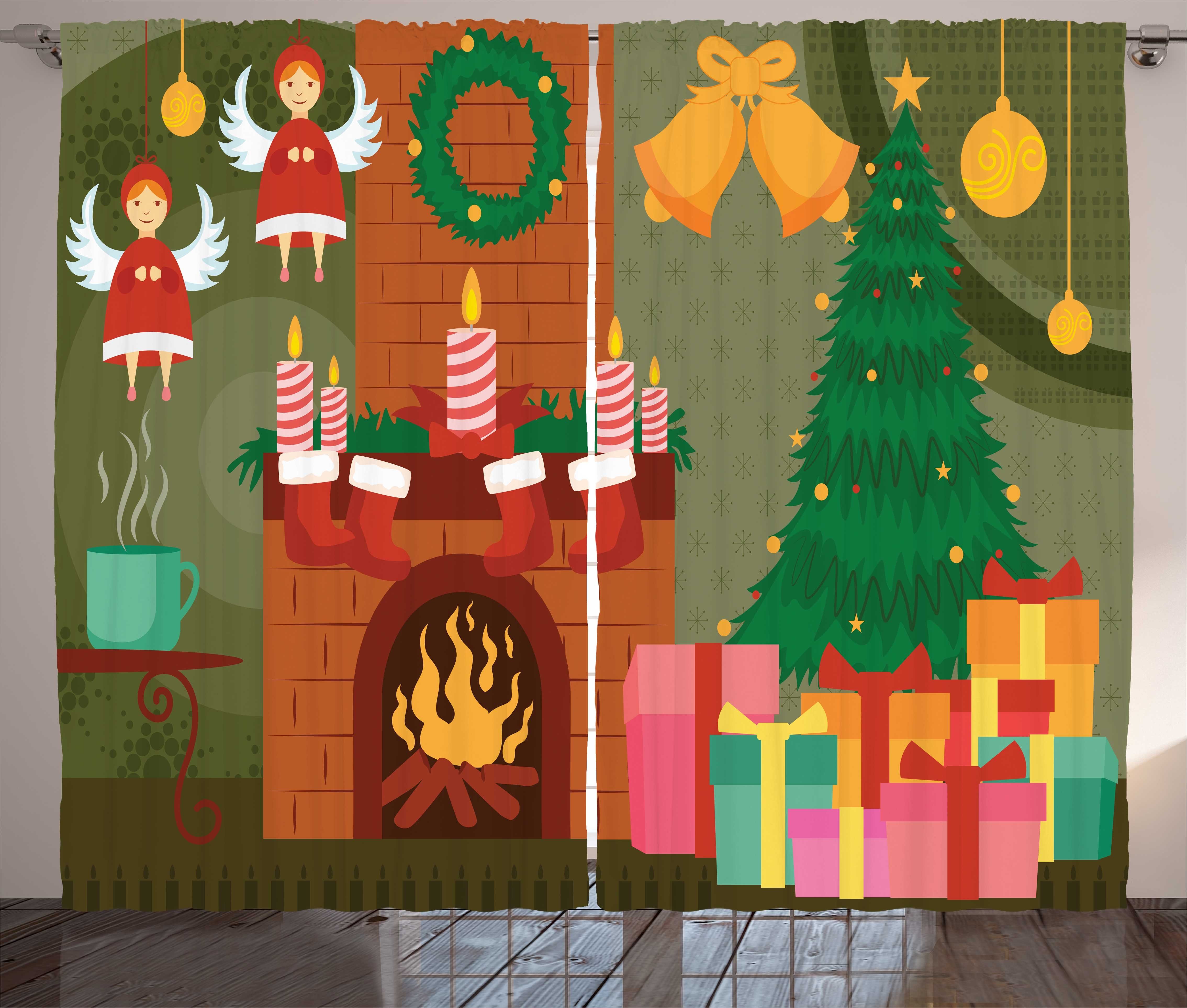 Gardine Schlafzimmer Kräuselband Vorhang mit Schlaufen und Haken, Abakuhaus, Kamin Cartoon Christmas Night