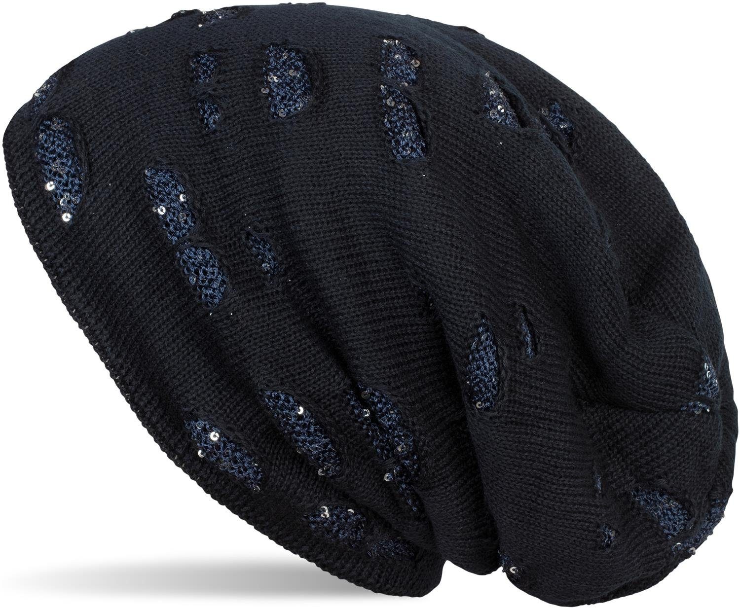 styleBREAKER Strickmütze (1-St) Feinstrick Beanie mit Pailletten im Destroyed Look Midnight-Blue / Dunkelblau