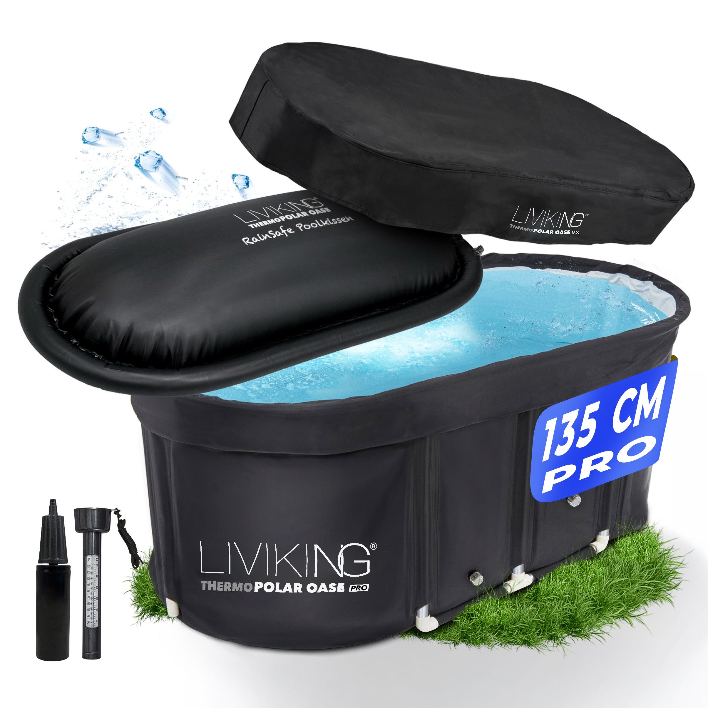 LIVIKING® Badewanne faltbar & Eisbad - 135cm PRO KOMFORT - Outdoor Badewanne Erwachsene, (ThermoPolar Oase PRO 135 – ovale Sport Eistonne), ThermoPolar Isolierung, SolidShape Rahmen, Balkon Mini Pool Eisfass.