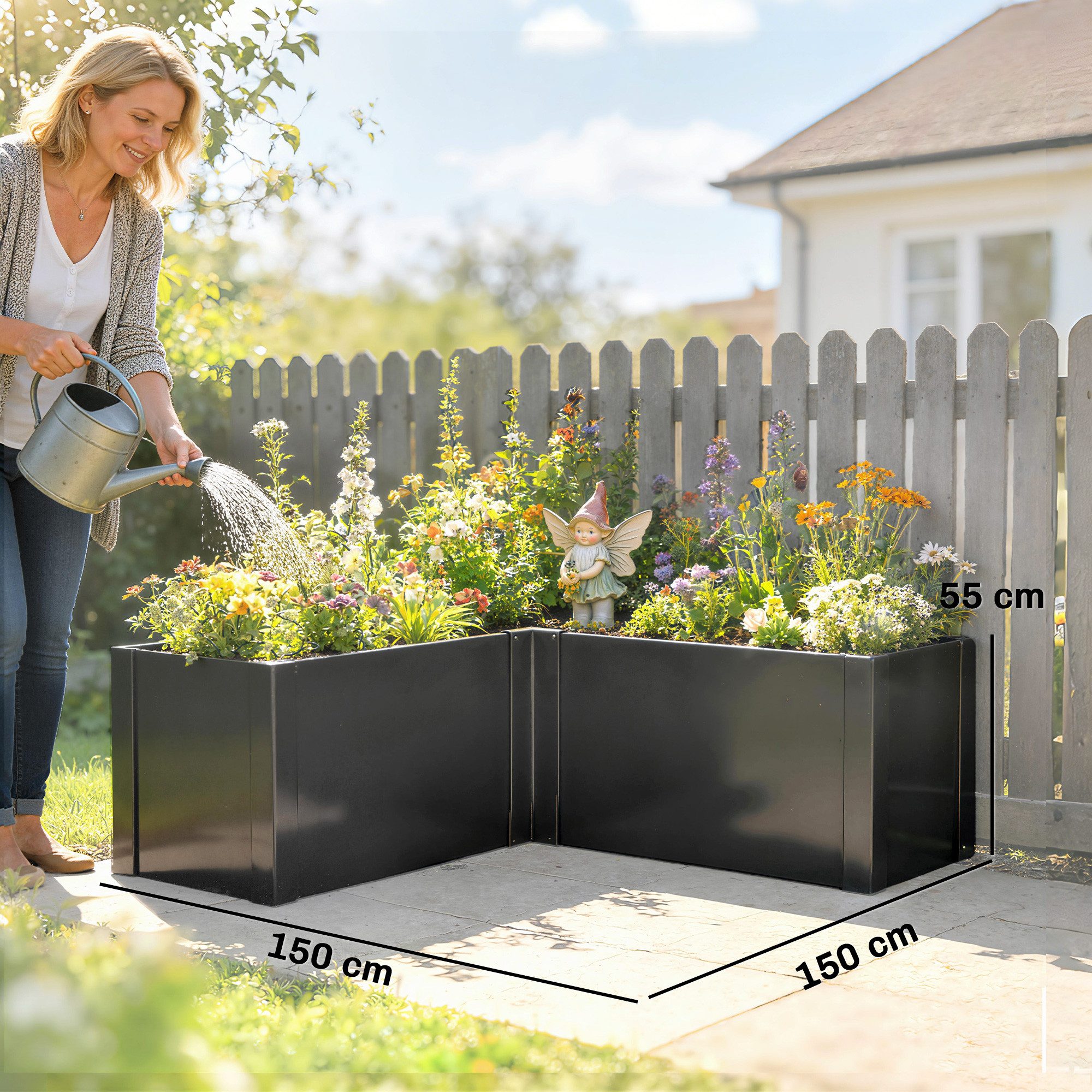 Outsunny Hochbeet Frühbeet Gartenbeet Pflanzkübel Pflanzkasten (witterungsbeständig Pflanzbeet, 1 St., L-förmig Blumenhochbeet), aus Verzinkter Stahl, für Terrasse & Garten, 150 x 150 x 55 cm