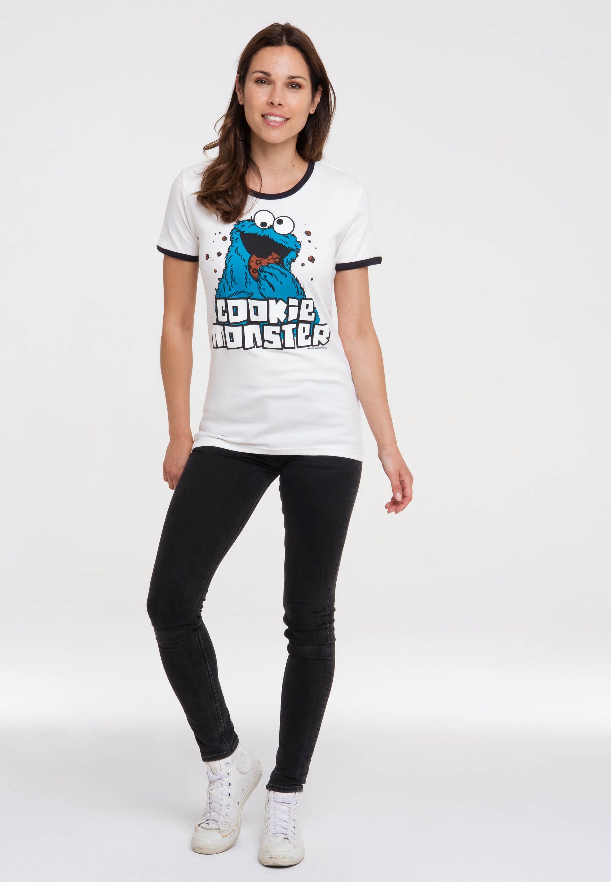 T-Shirt Print weiß, Sesamstrasse mit - Krümelmonster LOGOSHIRT lizenziertem dunkelblau