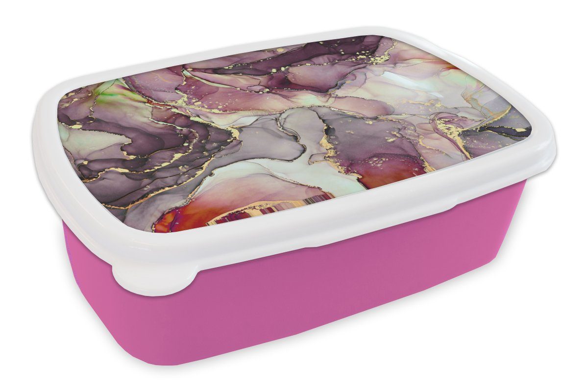 Brotbox Lila rosa Rot Snackbox, Kunststoff, - MuchoWow - - Marmor Kunststoff Lunchbox für Kinder, Gold, Brotdose Mädchen, (2-tlg), Erwachsene,