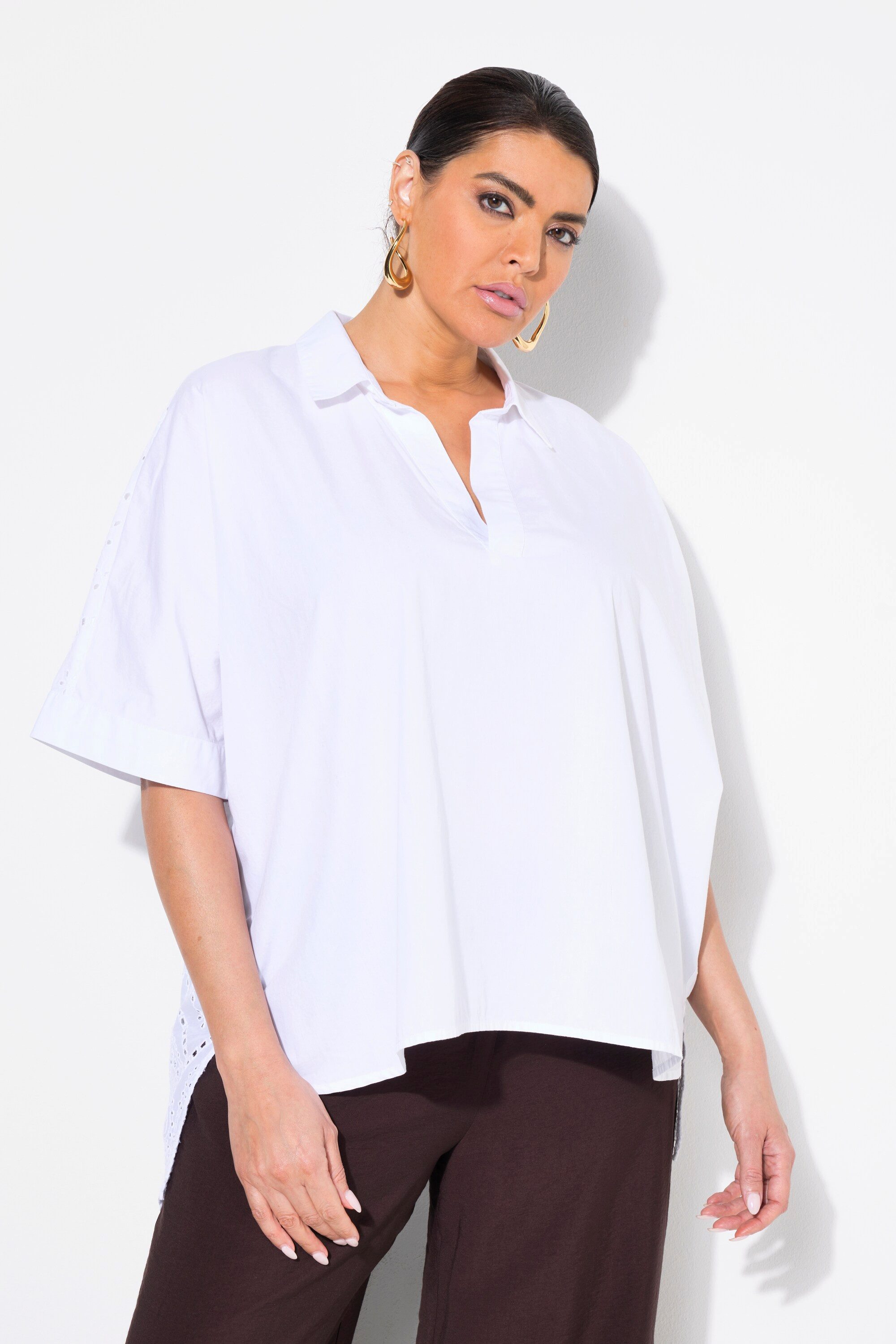 Hemdbluse Bluse Lochstickerei Oversized Hemdkragen Halbarm