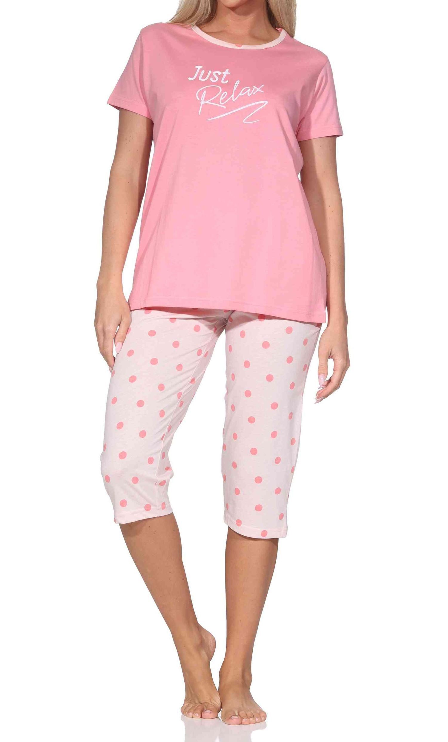 Normann Pyjama Normann Damen kurzarm Capri Schlafanzug Pyjama in Tupfen Punkte Optik