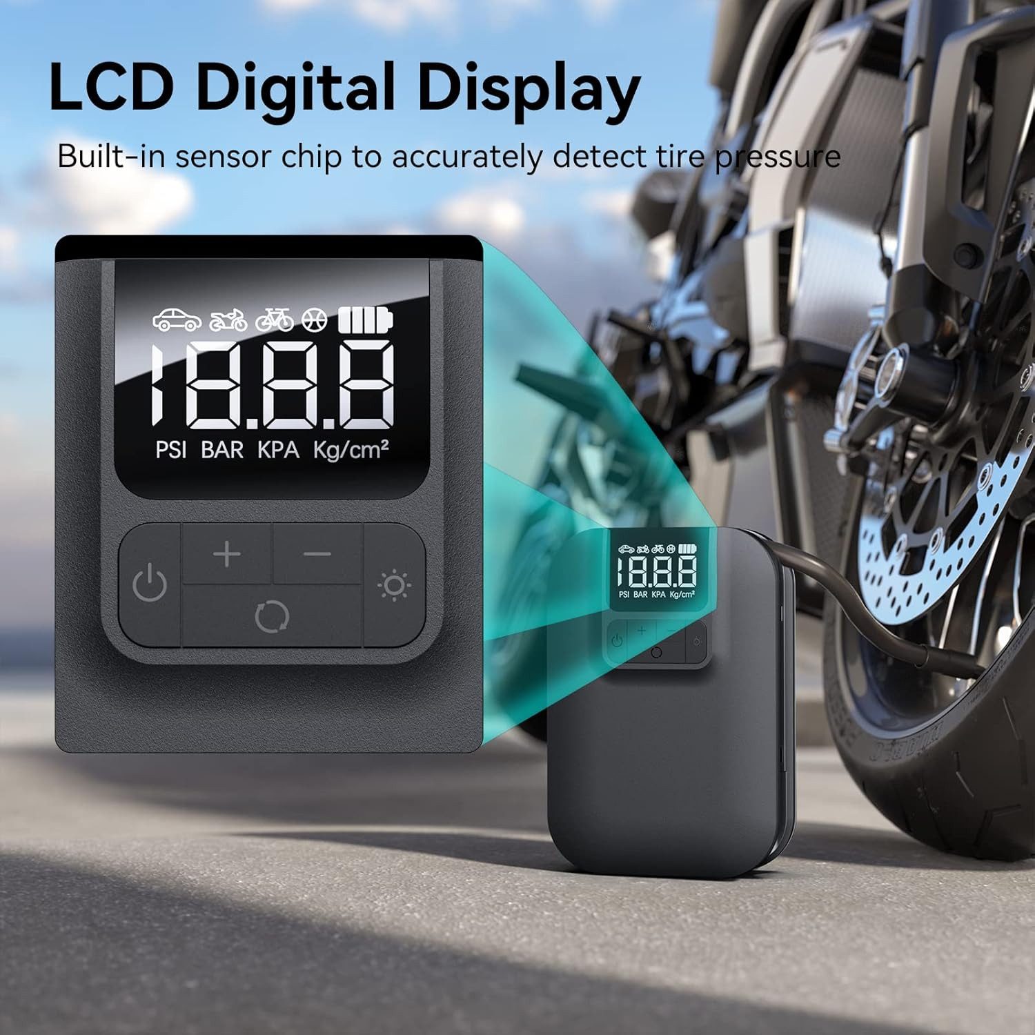 LA CUTE Akku-Handkompressor Elektrische Luftpumpe 150 PSI Digital 5000mAh mit LED-Licht, 60 W, max. 10,30 bar, Kompakte elektrische Akku-Luftpumpe für Auto, Fah – Bild 4 von 5