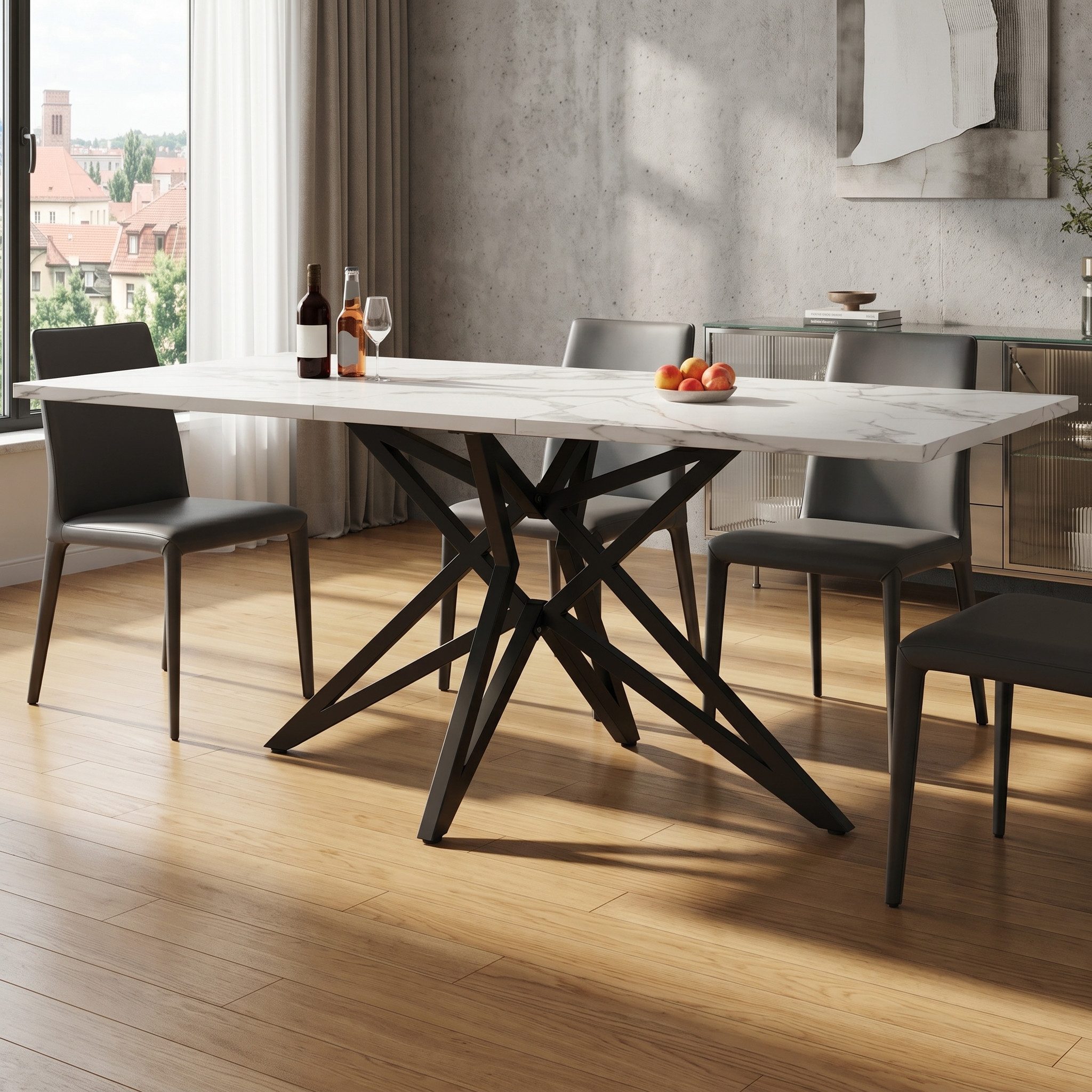 Flieks Esstisch ausziehbarer Tisch (Metallbeine mit verstellbaren Fußstützen, Länge 120-160/T80/H76 cm, 1-St., 1 Tisch), rechteckiger Küchentisch Marmoroptik, sternförmige Tischbeine