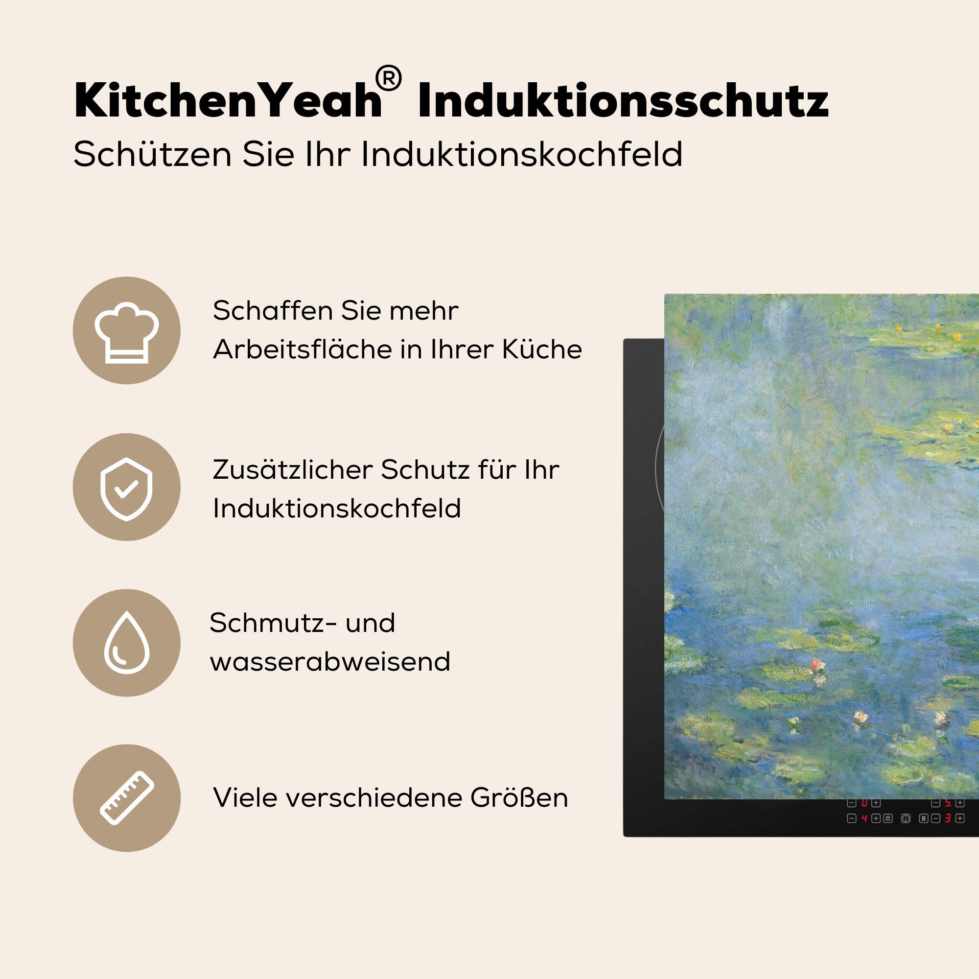 Arbeitsplatte 78x78 küche cm, Monet, - (1 Seerosen von Ceranfeldabdeckung, für Claude Herdblende-/Abdeckplatte Vinyl, Gemälde MuchoWow tlg),