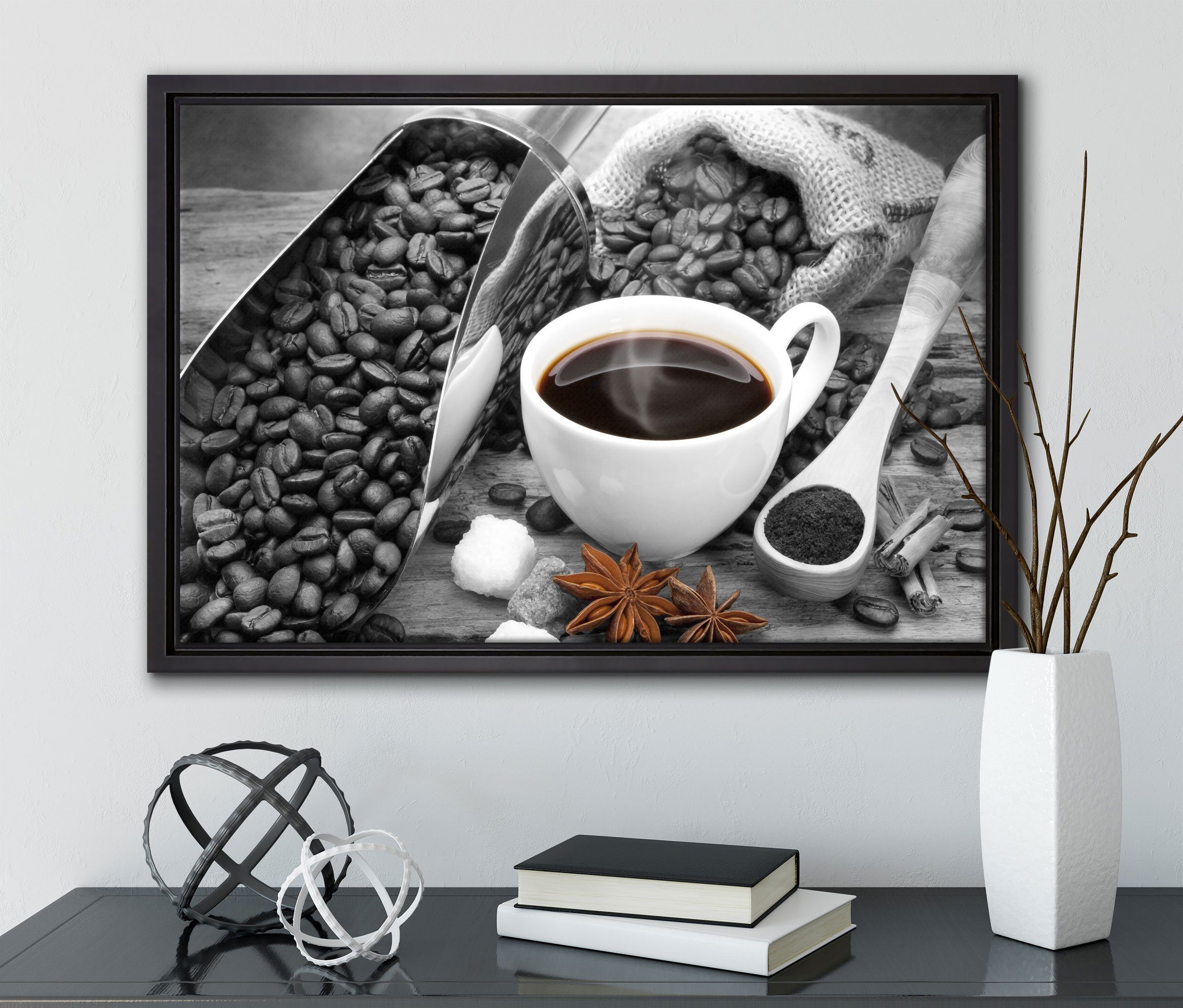 neben fertig Leinwandbild Pixxprint (1 Wanddekoration bespannt, Kaffeebohnen, Kaffee einem gefasst, inkl. St), Leinwandbild Zackenaufhänger in Schattenfugen-Bilderrahmen