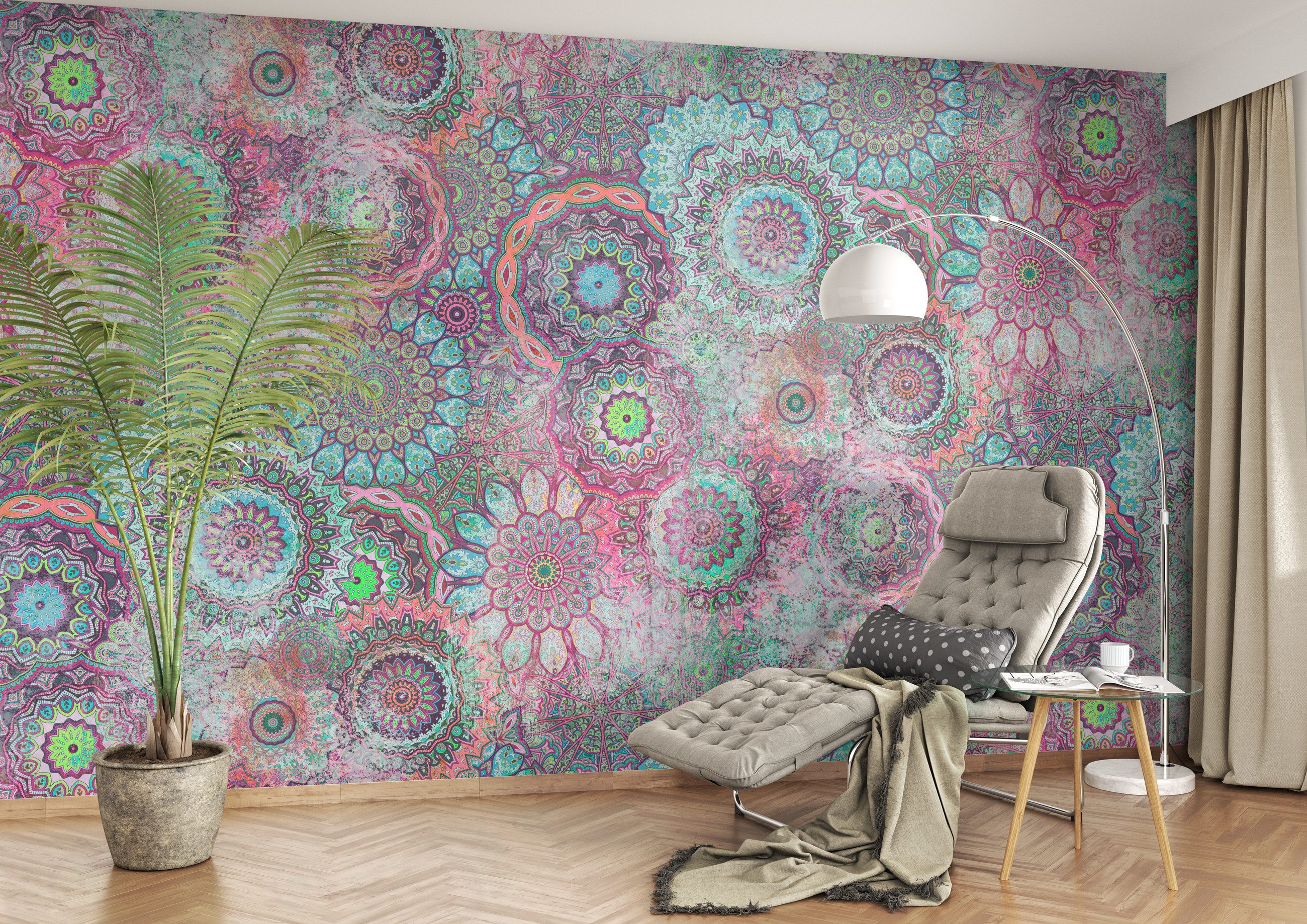 Rasch Fototapete Boho Ethno Hippie Vintage Kreise - Vliestapete Pink, bedruckt, Vintage-Optik, (1 Rolle, 1 St., Kollektion 'Magicwalls' - 3 m x 4,24 m), Lichtbeständige Farben - Feucht abwischbar - Restlost abziehbar