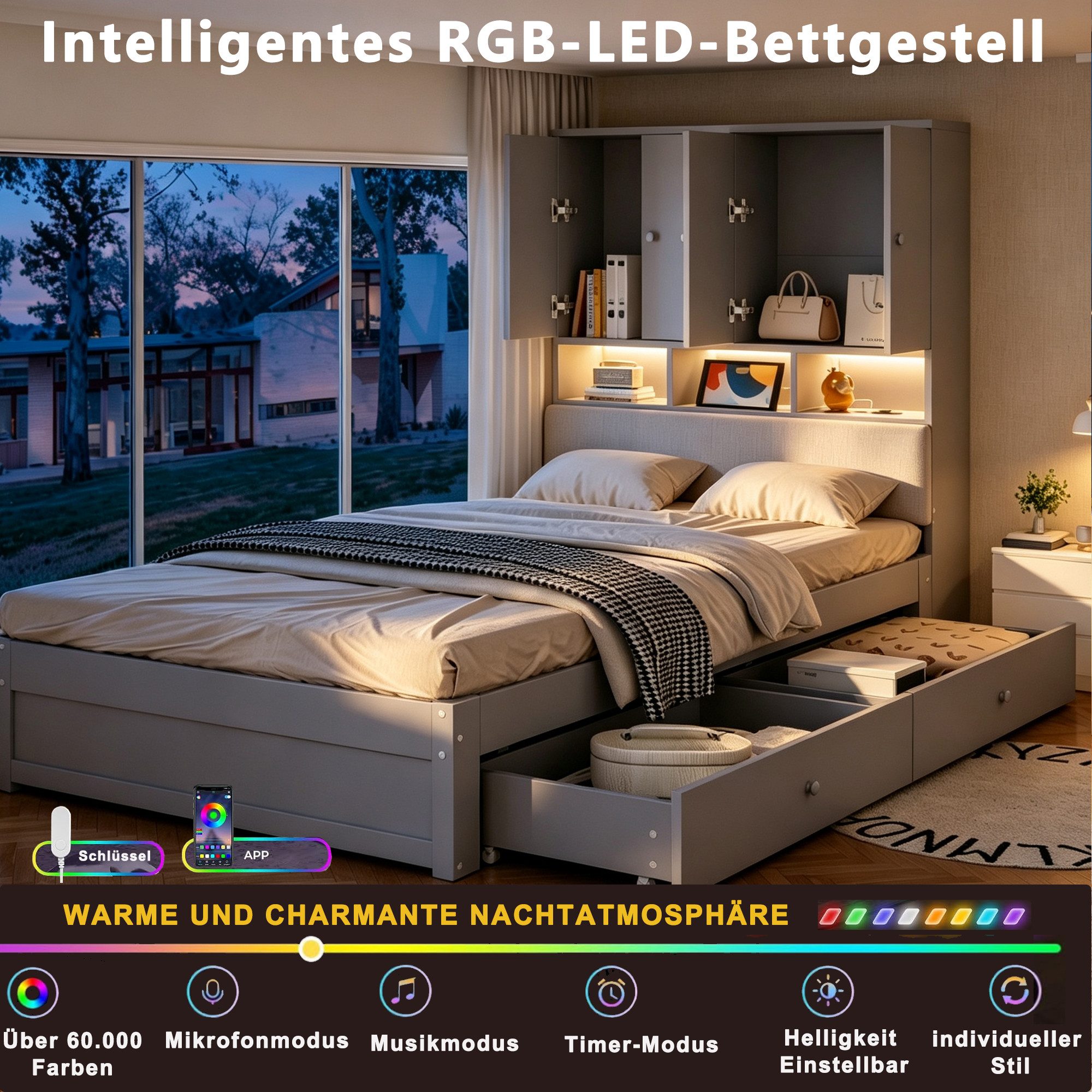 i@home Stauraumbett Funktionsbett, Holzbett, 90 x 200 cm, Einzelbett, Grau (1-tlg), Mit LED-Beleuchtung und Steckdose, mit gepolsterter Rückenlehne, Grau – Bild 5 von 5