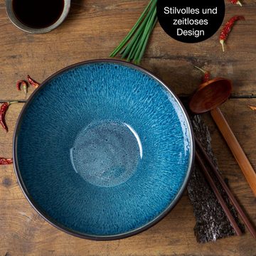 Moritz & Moritz Suppenschüssel Moritz & Moritz Ramen Schalen blau mit Rillen 2er Set, Keramik, (2er Set, 6-tlg), Ramen Bowl Set für 4 Personen