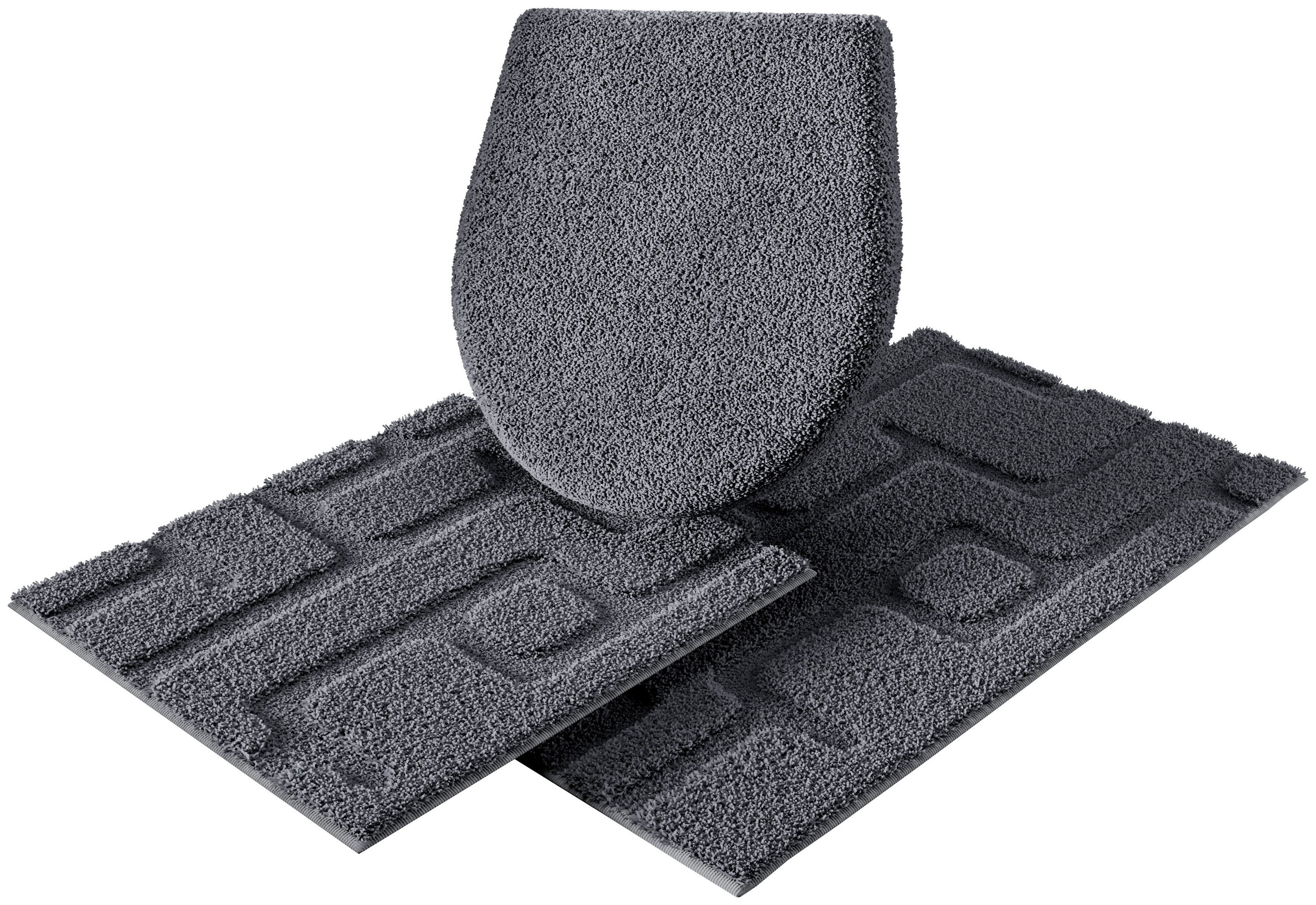 Grund Badematte Riana, Badvorleger, Badezimmer Teppich, sehr weich, Höhe 20 mm, rutschhemmend beschichtet, schnell trocknend, Polyester, rechteckig, 3-tlg. Hänge-WC Set, Modernes Design mit Linien in Hoch-Tief-Struktur, Made in Europe