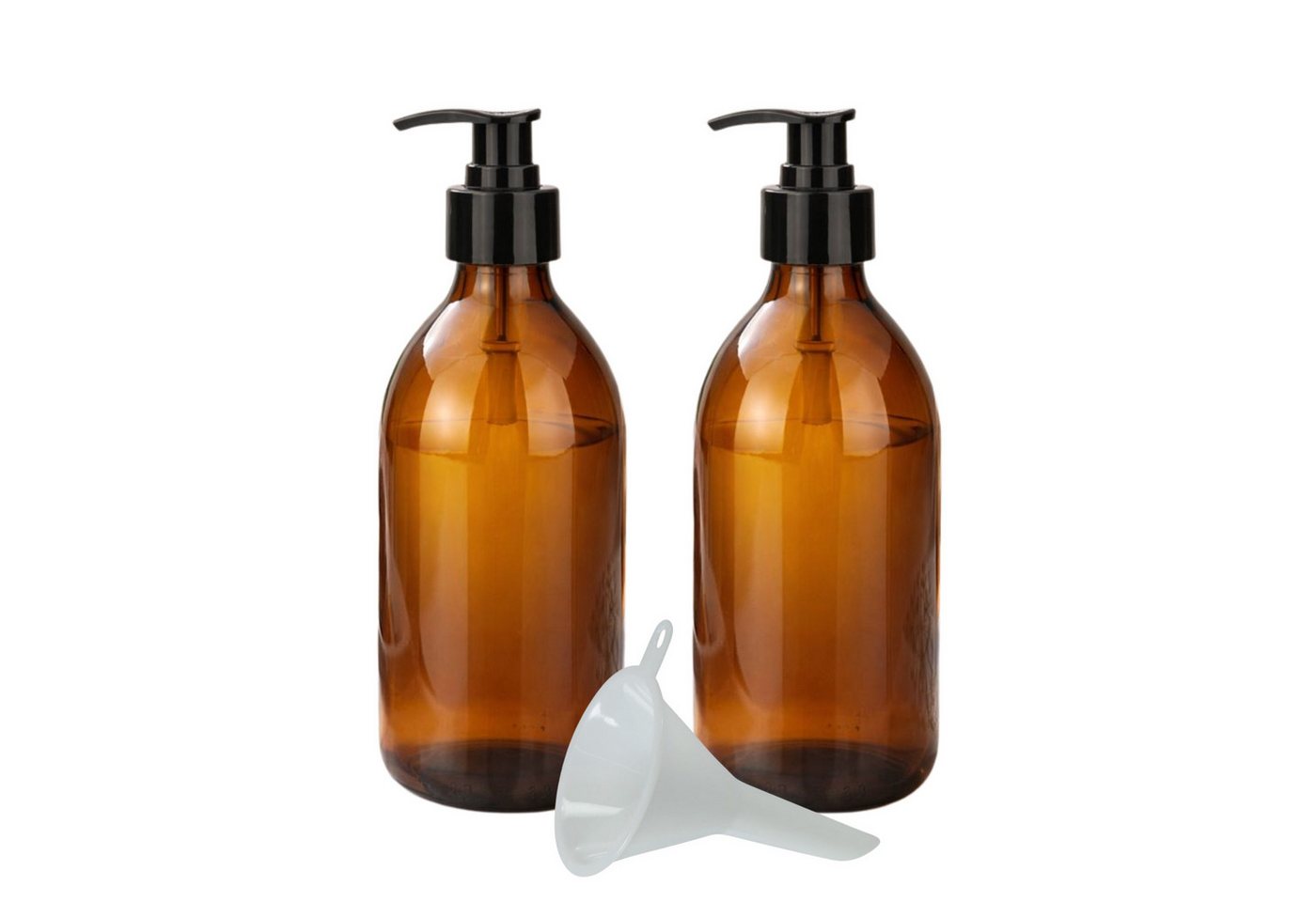 mikken Seifenspender 2x Lotionspender 250 ml braunglas mit Pumpaufsatz und Trichter, (2er Set), UV-Schutz, Apothekerqualität, Lebensmittelecht
