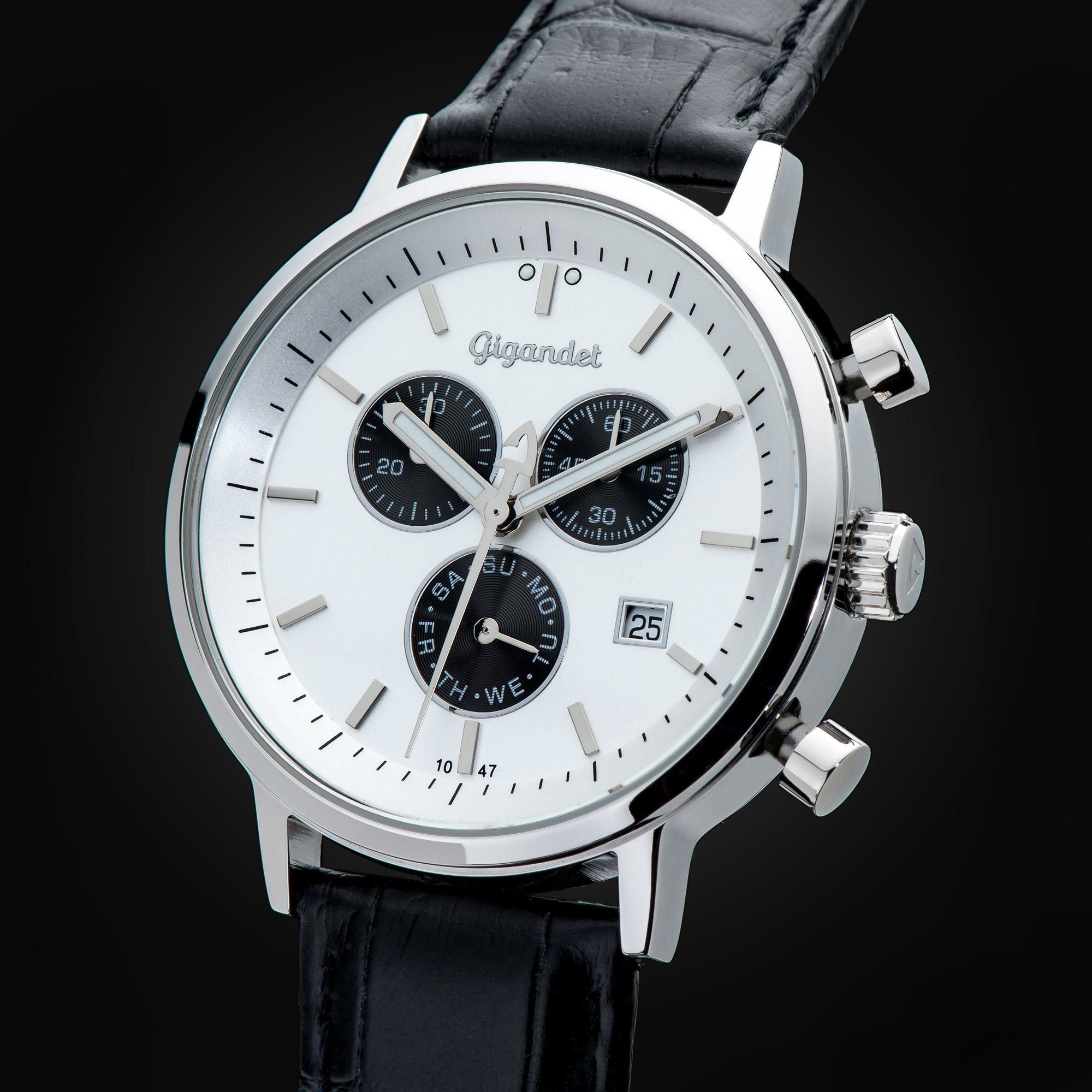 Gigandet Chronograph Armbanduhr, Herrenuhr, Stoppuhr, 41mm, CLASSICO G6-002, Mineralglas, Tages- und Datumsanzeige, Lederband, 5bar/50m wasserdicht