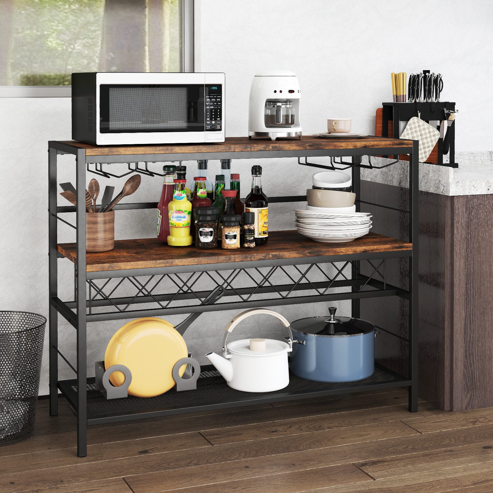 COSTWAY Weinschrank mit 4 Reihen Glashalter & Weinregal für 7 Flaschen, Küchenregal