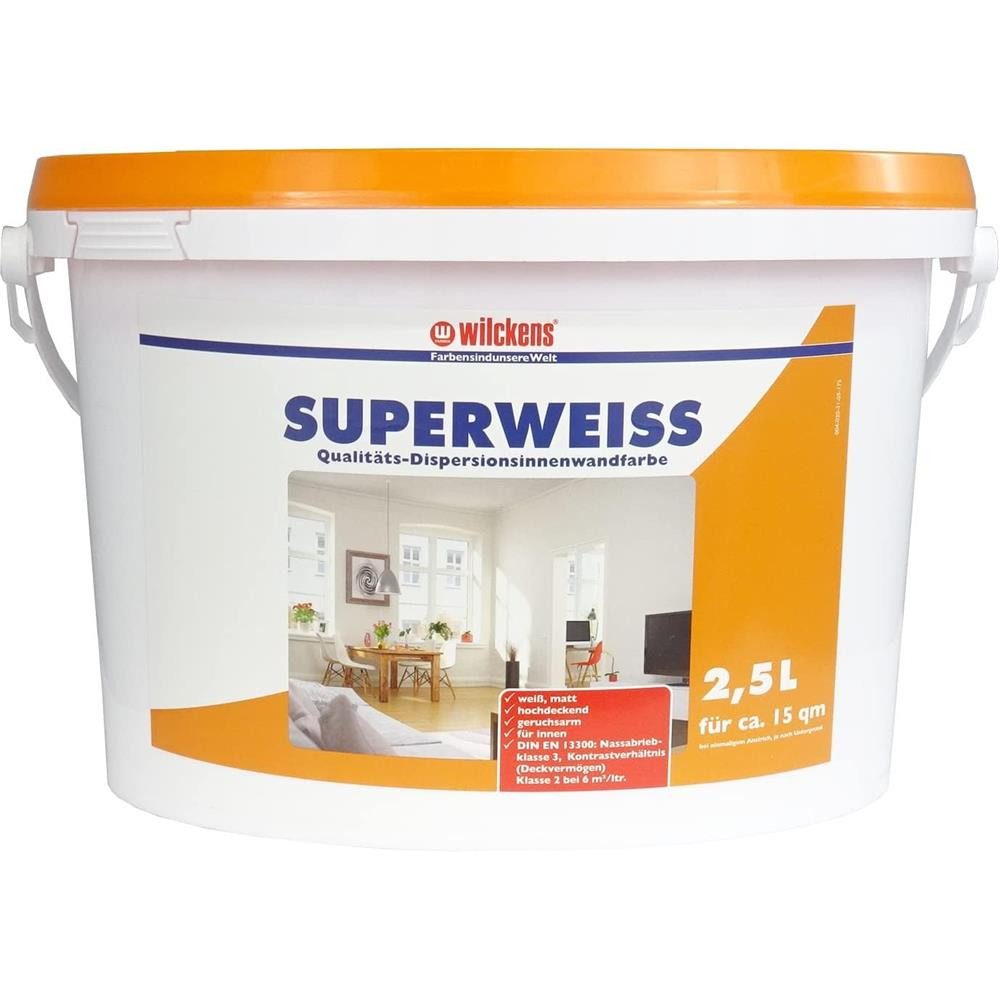 Wilckens Farben Wandfarbe Superweiss Dispersions-Innenfarbe matt 2,5 Liter weiße Farbe, Hochdeckend, Geruchs- und spritzarm