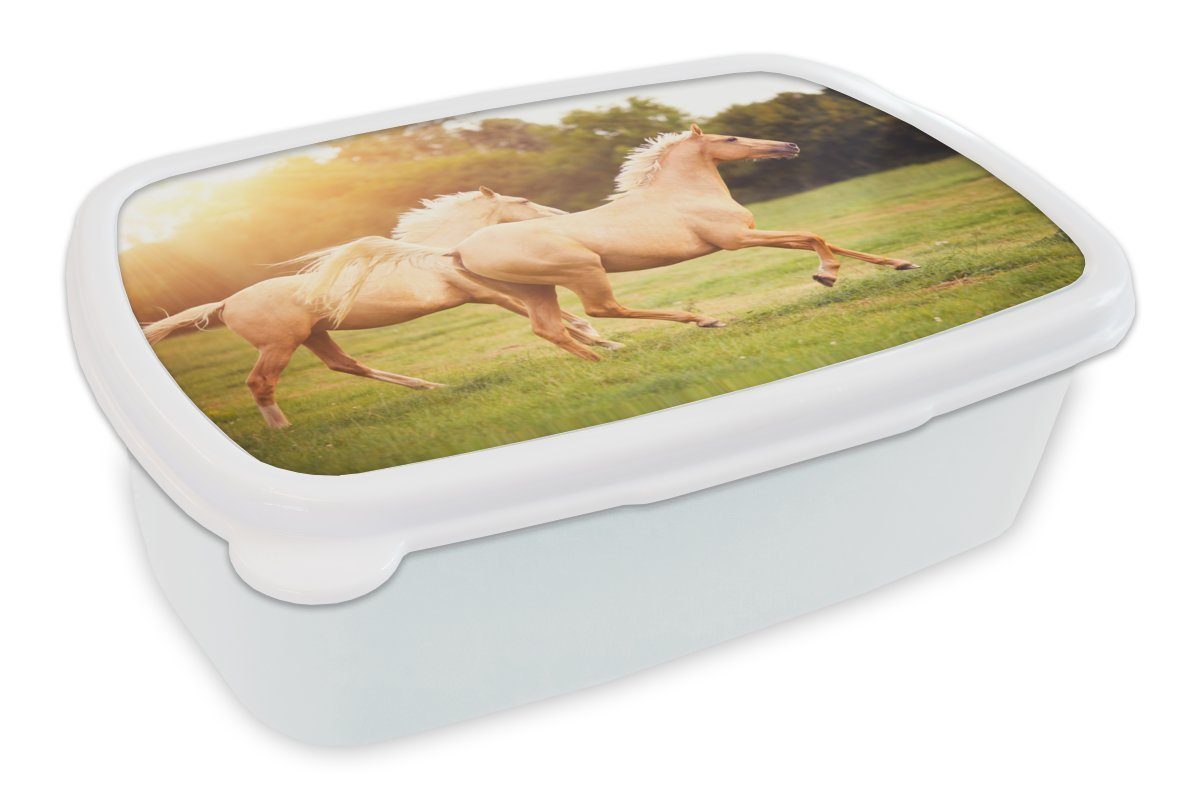 MuchoWow Lunchbox Pferde - Gras - Sonne, Kunststoff, (2-tlg), Brotbox für Kinder und Erwachsene, Brotdose, für Jungs und Mädchen weiß