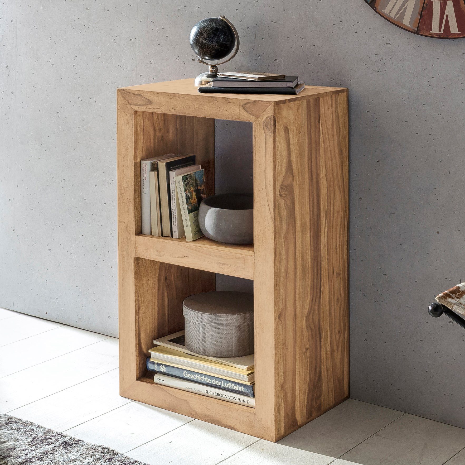 Holzregal Standregal WL1.449, mit 2 Natur Akazie cm Massivholz Kleines Bücherregal, Rustikal Ablagen, Wohnling 88x50x35