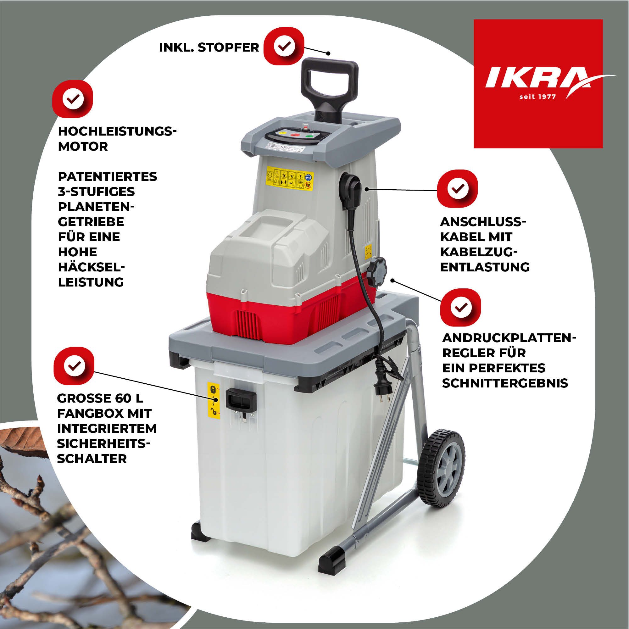 ikra GmbH Häcksler ILH 3200, 4,4 cm max. Astdurchmesser, 3200W-Motor & patentiertem 3-Stufen-Getriebe