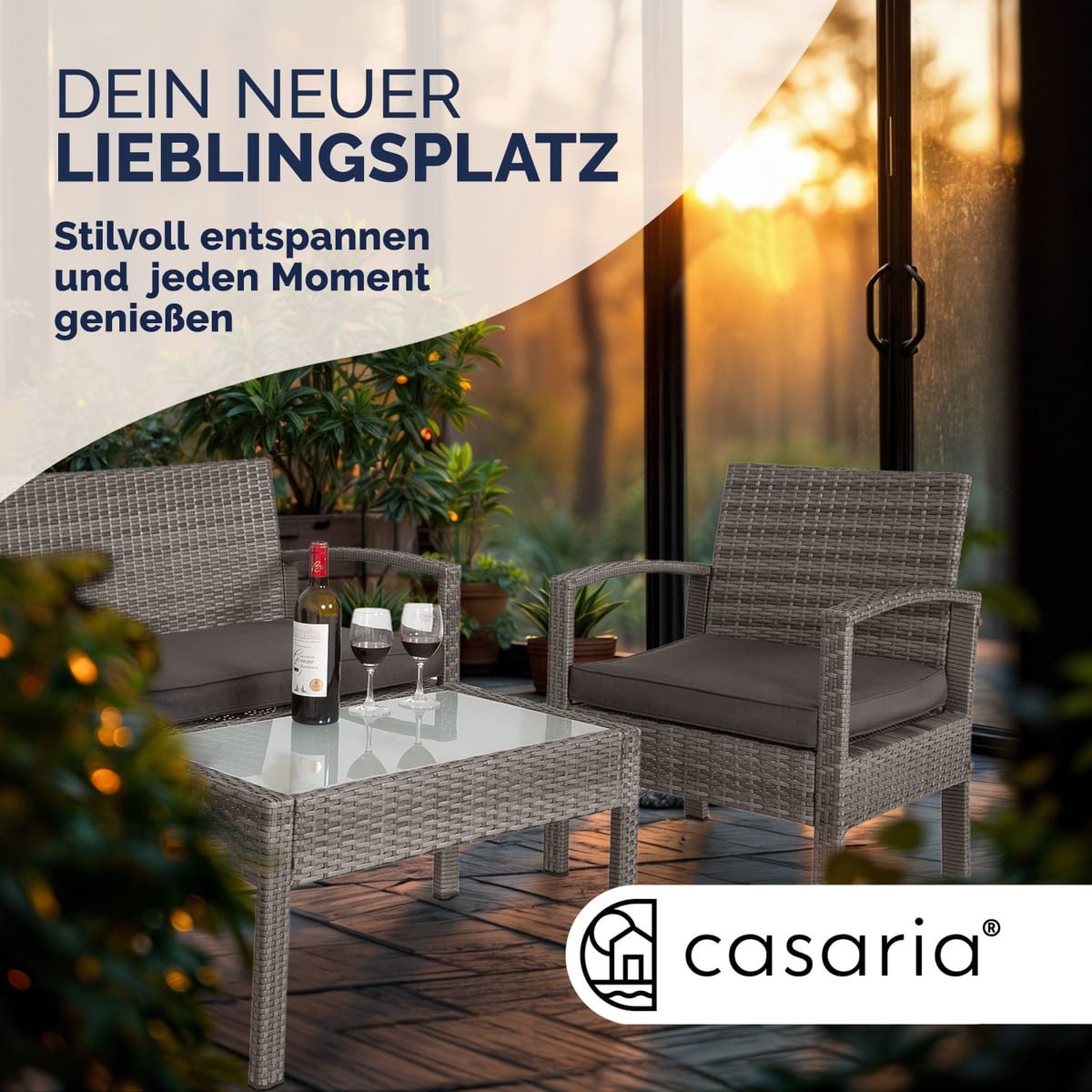 Casaria Balkonset, 4 Personen Wetterfest 7 teilig Polyrattan 2x Sessel Gartenbank Tisch