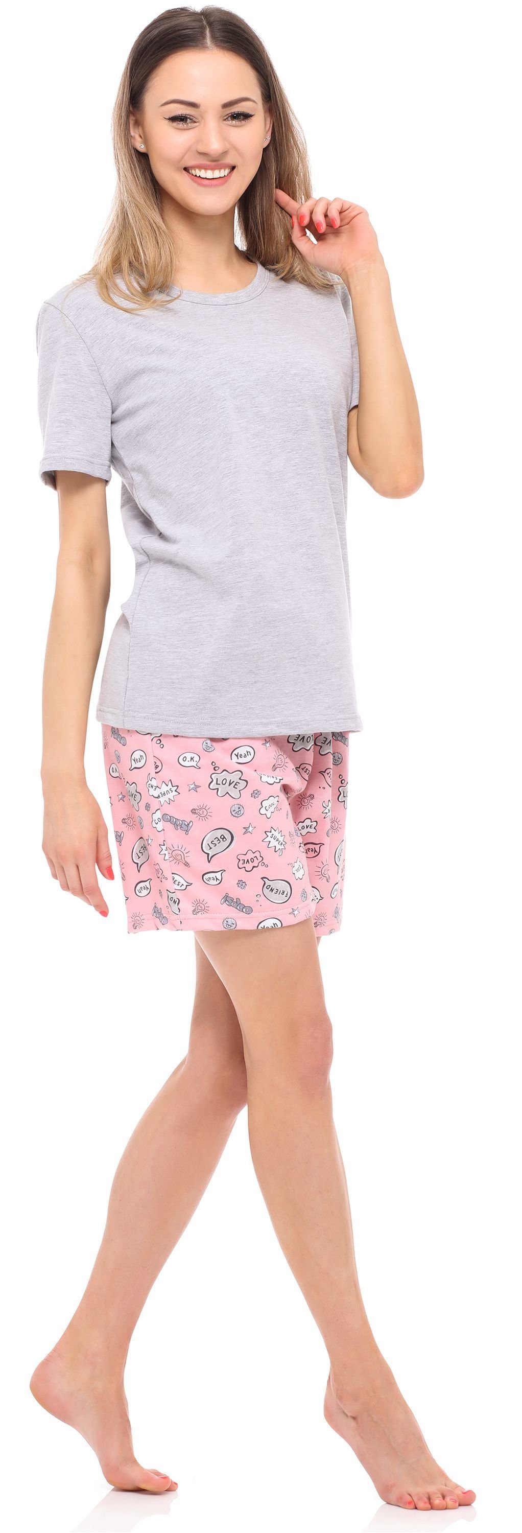 Kurz Schlafanzug Schlafanzug MS10-177 Style Pyjama Merry Set Damen Baumwolle Pyjama Zweiteiler Melange/Rosa